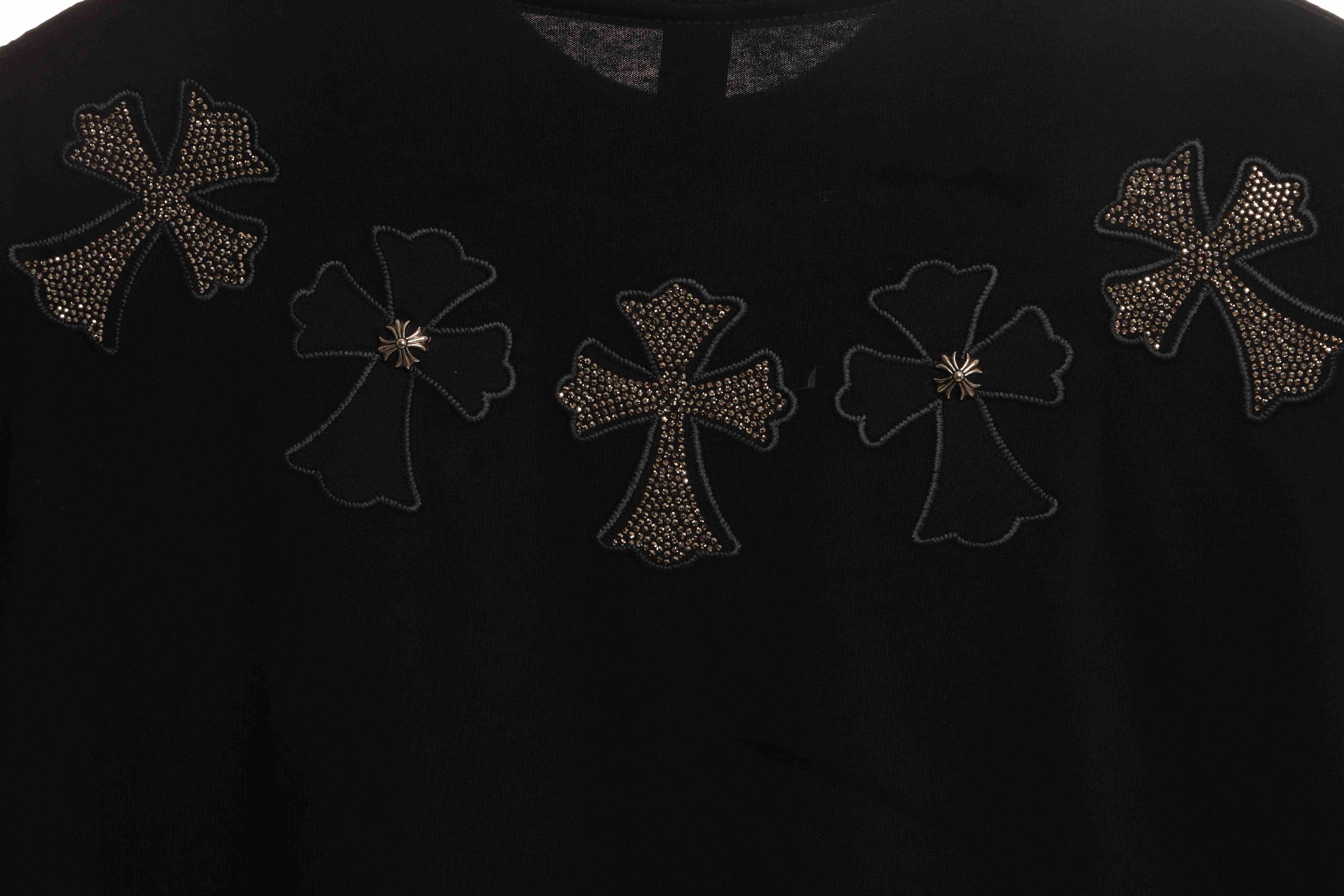 Chrome Heart Neckline Cross Rhinestone Short Sleeves Black