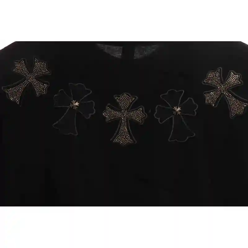 Chrome Heart Neckline Cross Rhinestone Short Sleeves Black