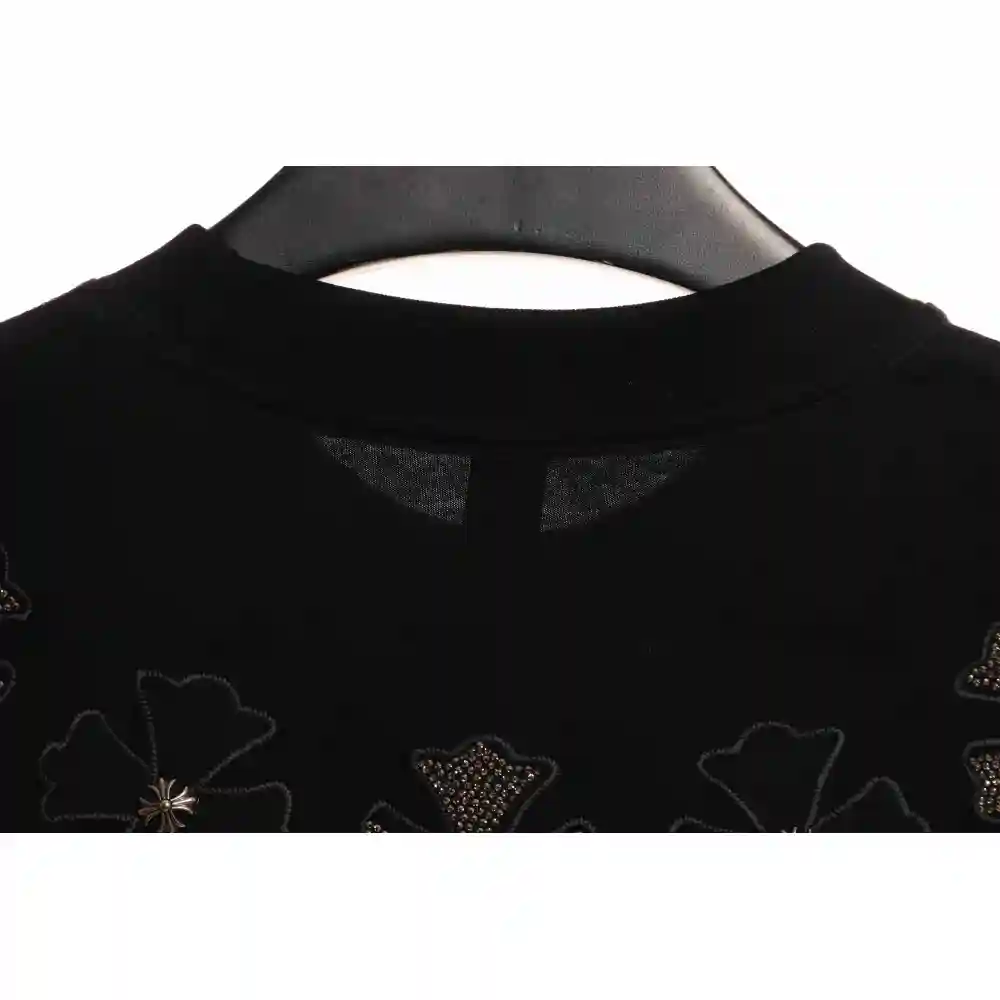Chrome Heart Neckline Cross Rhinestone Short Sleeves Black