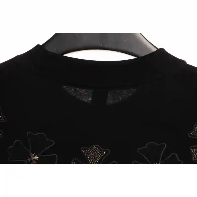 Chrome Heart Neckline Cross Rhinestone Short Sleeves Black