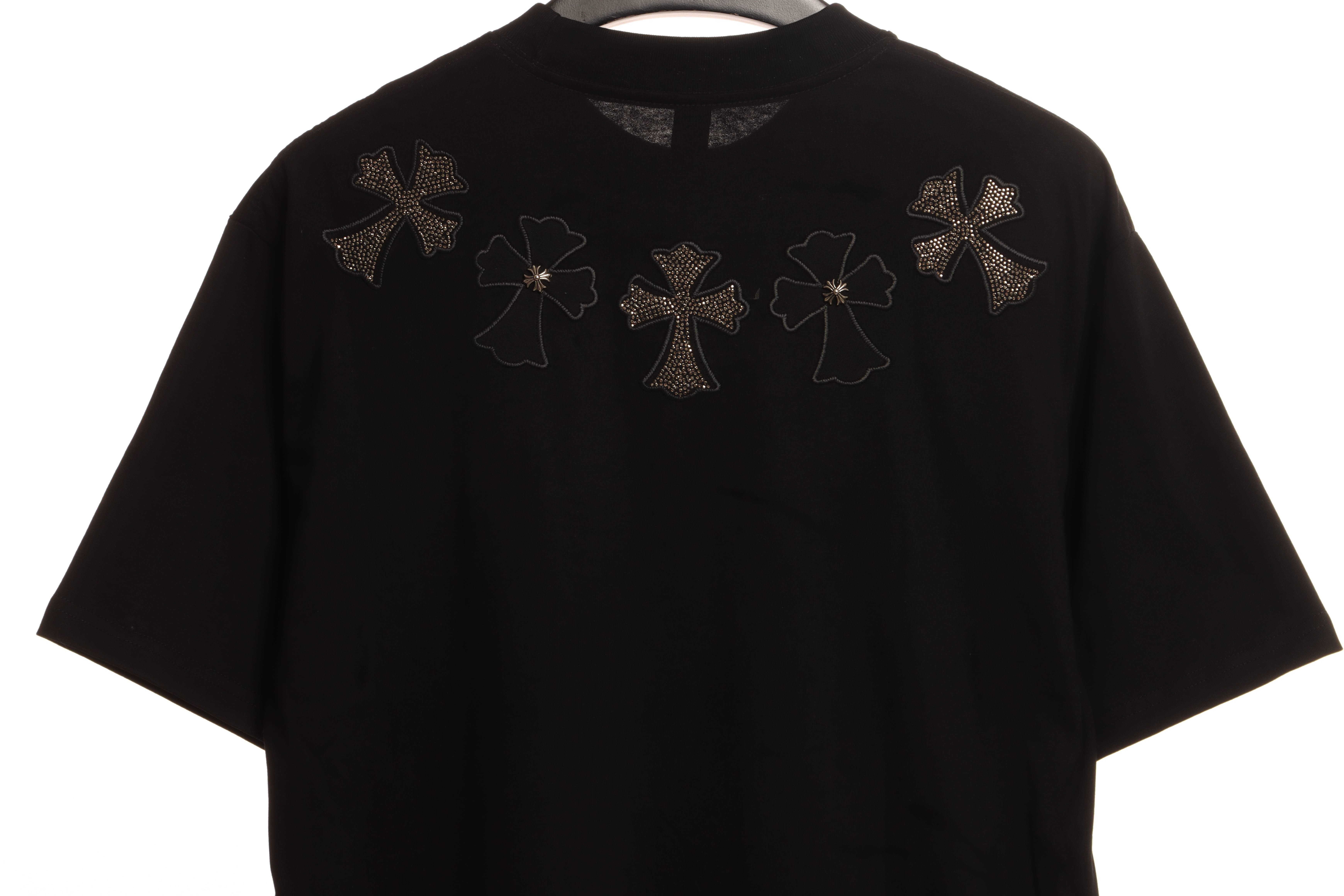 Chrome Heart Neckline Cross Rhinestone Short Sleeves Black