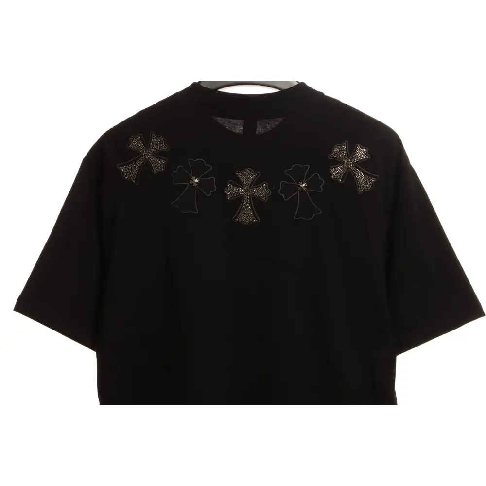 Chrome Heart Neckline Cross Rhinestone Short Sleeves Black