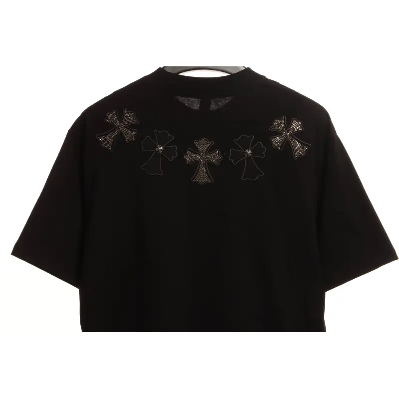 Chrome Heart Neckline Cross Rhinestone Short Sleeves Black