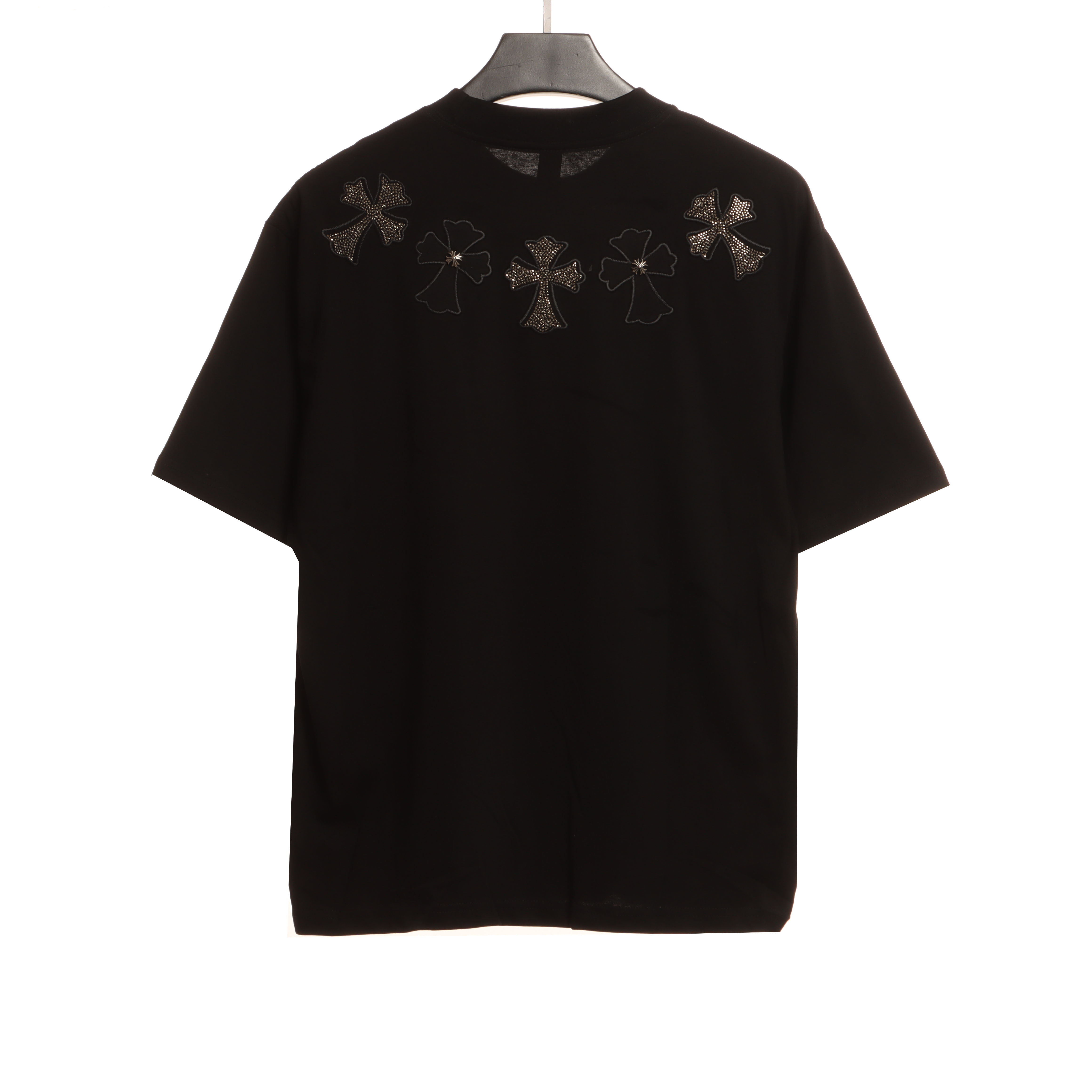 Chrome Heart Neckline Cross Rhinestone Short Sleeves Black