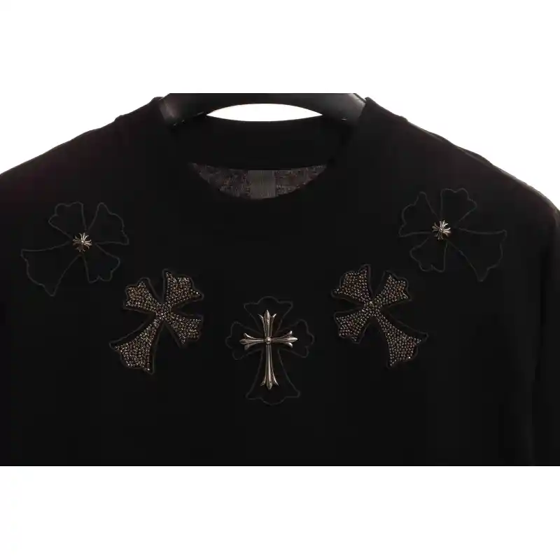 Chrome Heart Neckline Cross Rhinestone Short Sleeves Black