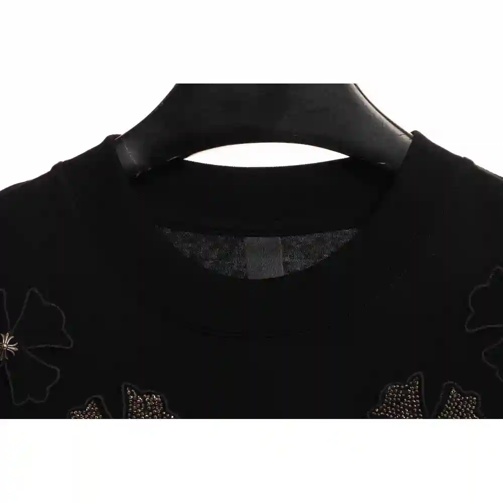 Chrome Heart Neckline Cross Rhinestone Short Sleeves Black