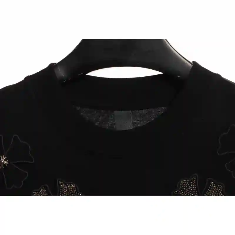 Chrome Heart Neckline Cross Rhinestone Short Sleeves Black