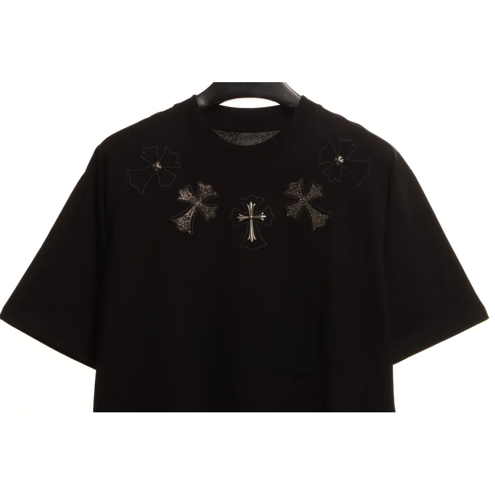 Chrome Heart Neckline Cross Rhinestone Short Sleeves Black