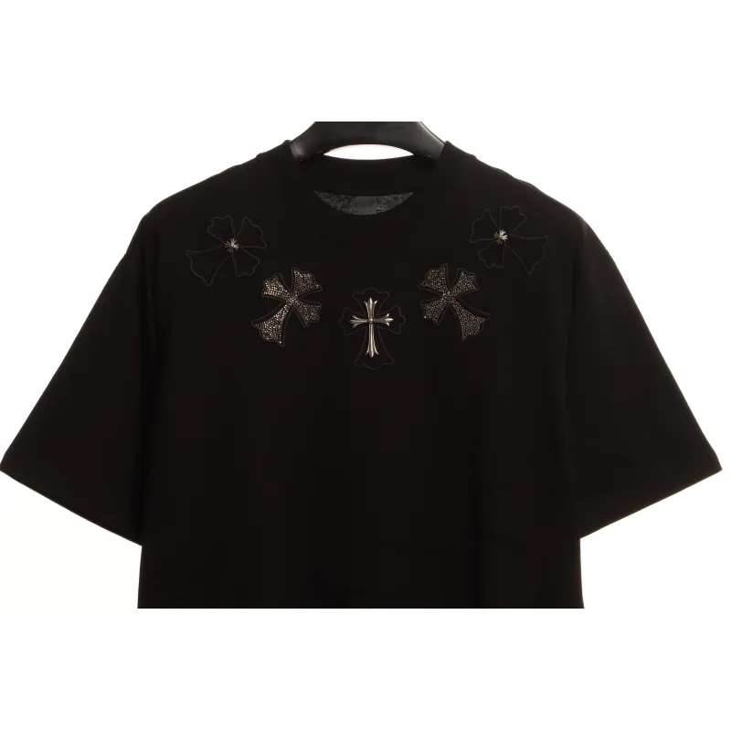 Chrome Heart Neckline Cross Rhinestone Short Sleeves Black