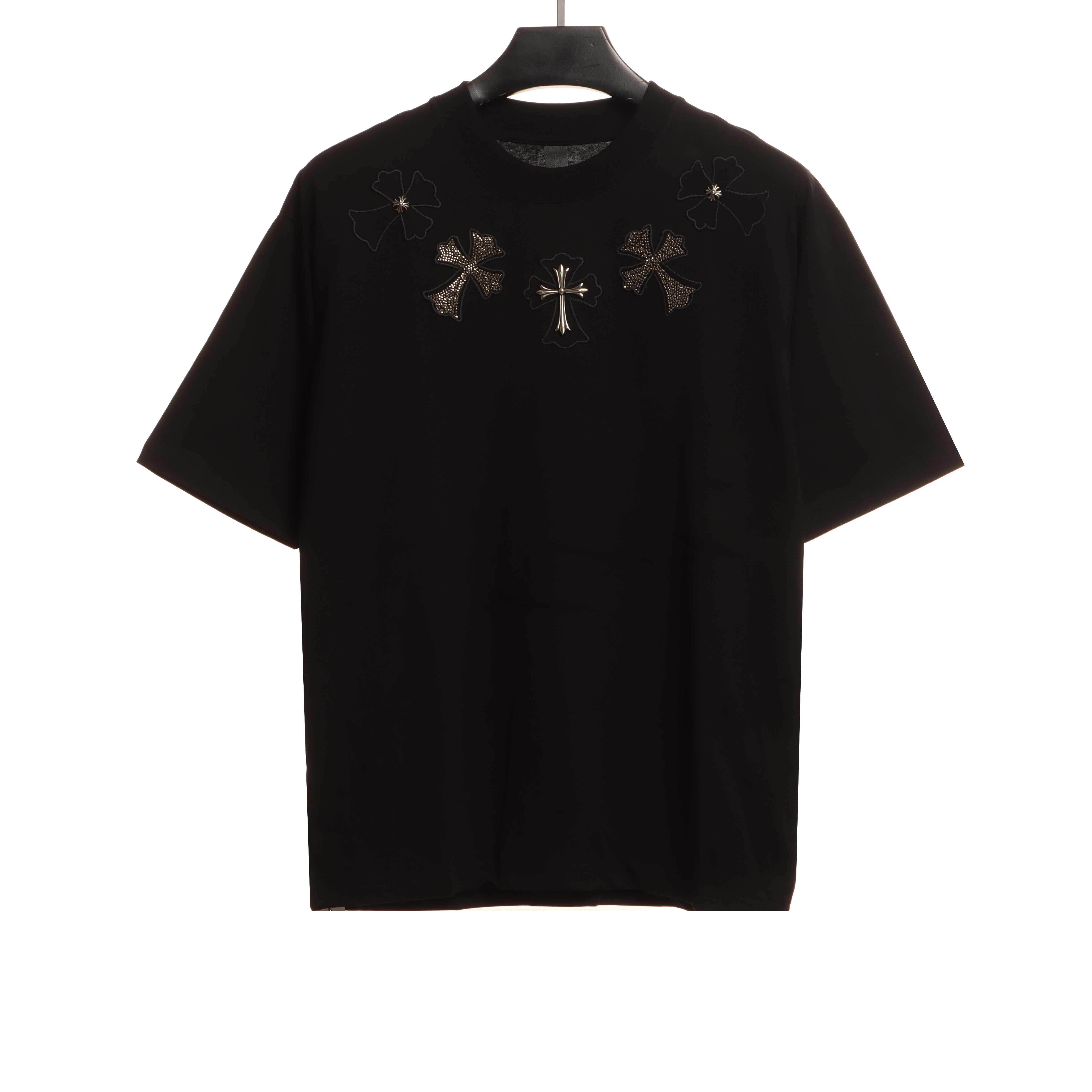 Chrome Heart Neckline Cross Rhinestone Short Sleeves Black