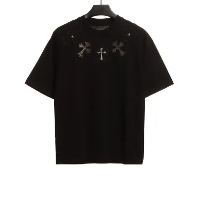 Chrome Heart Neckline Cross Rhinestone Short Sleeves Black 01