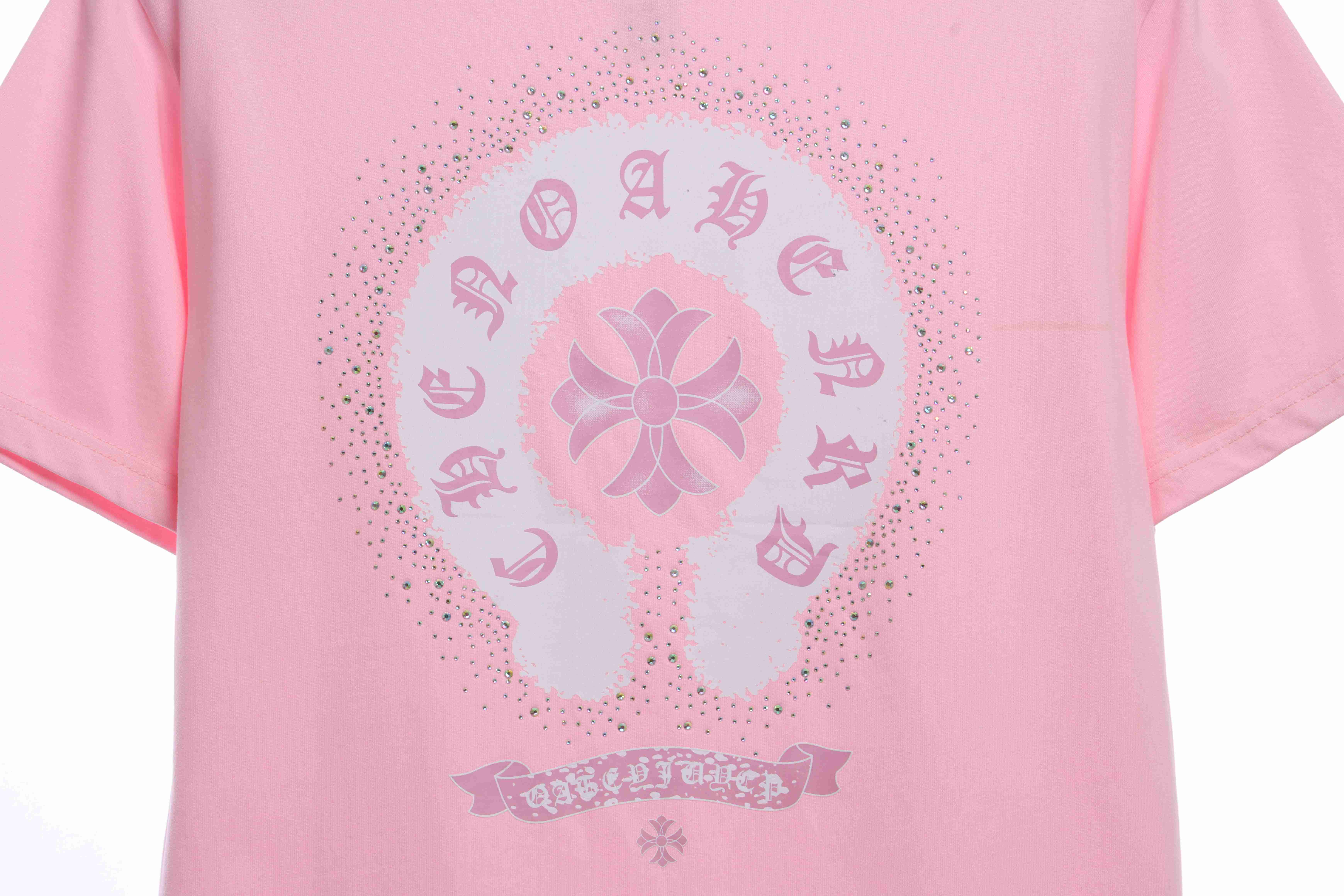 Chrome Hearts Colored Rhinestone Washed Short Sleeve Pink