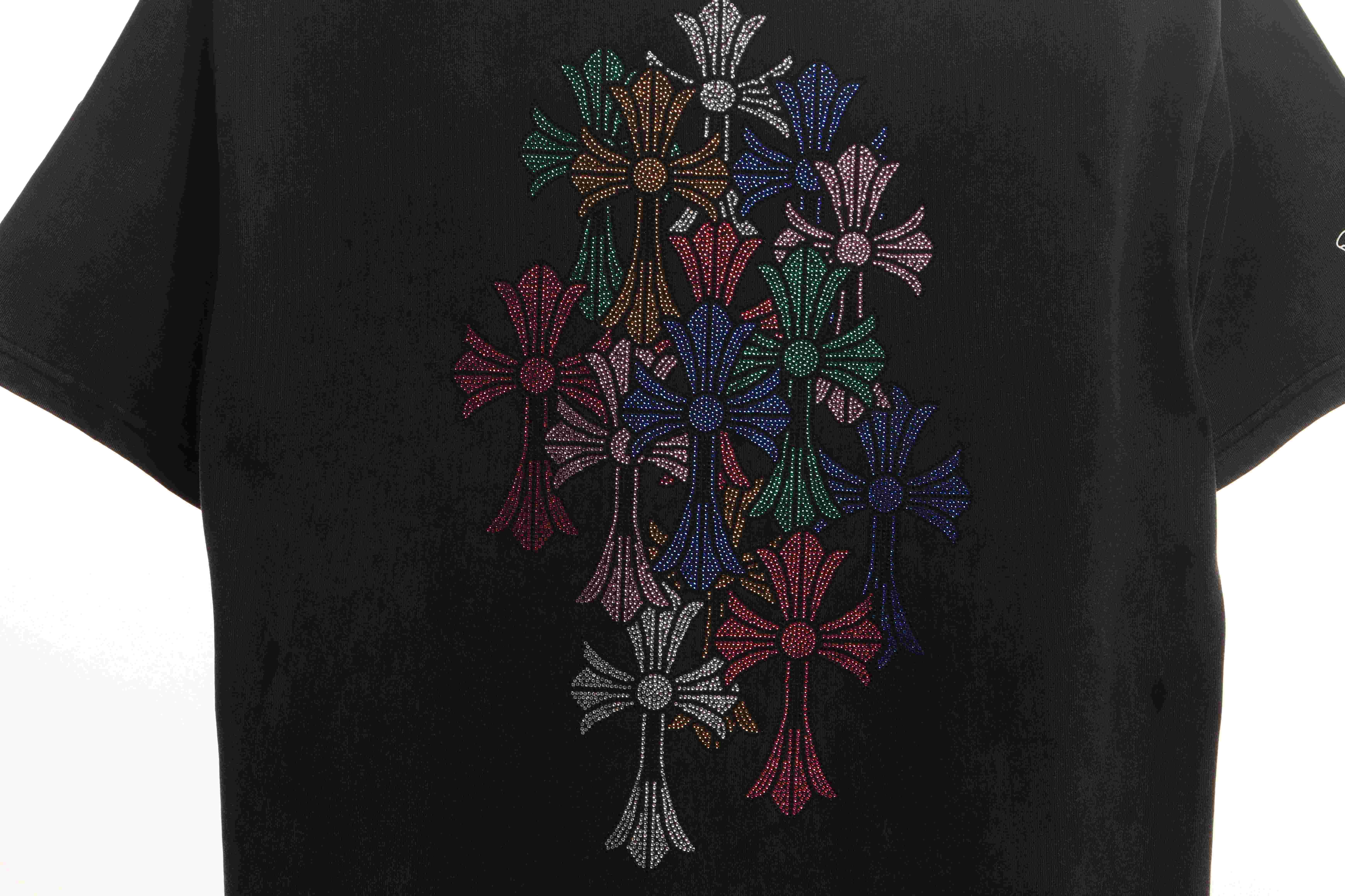 Chrome Hearts Colorful Cross Rhinestone Short Sleeve Black