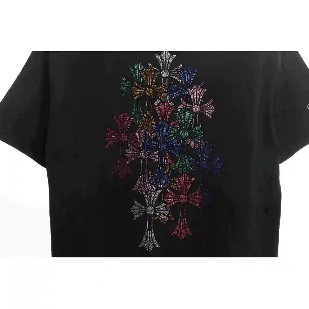 Chrome Hearts Colorful Cross Rhinestone Short Sleeve Black