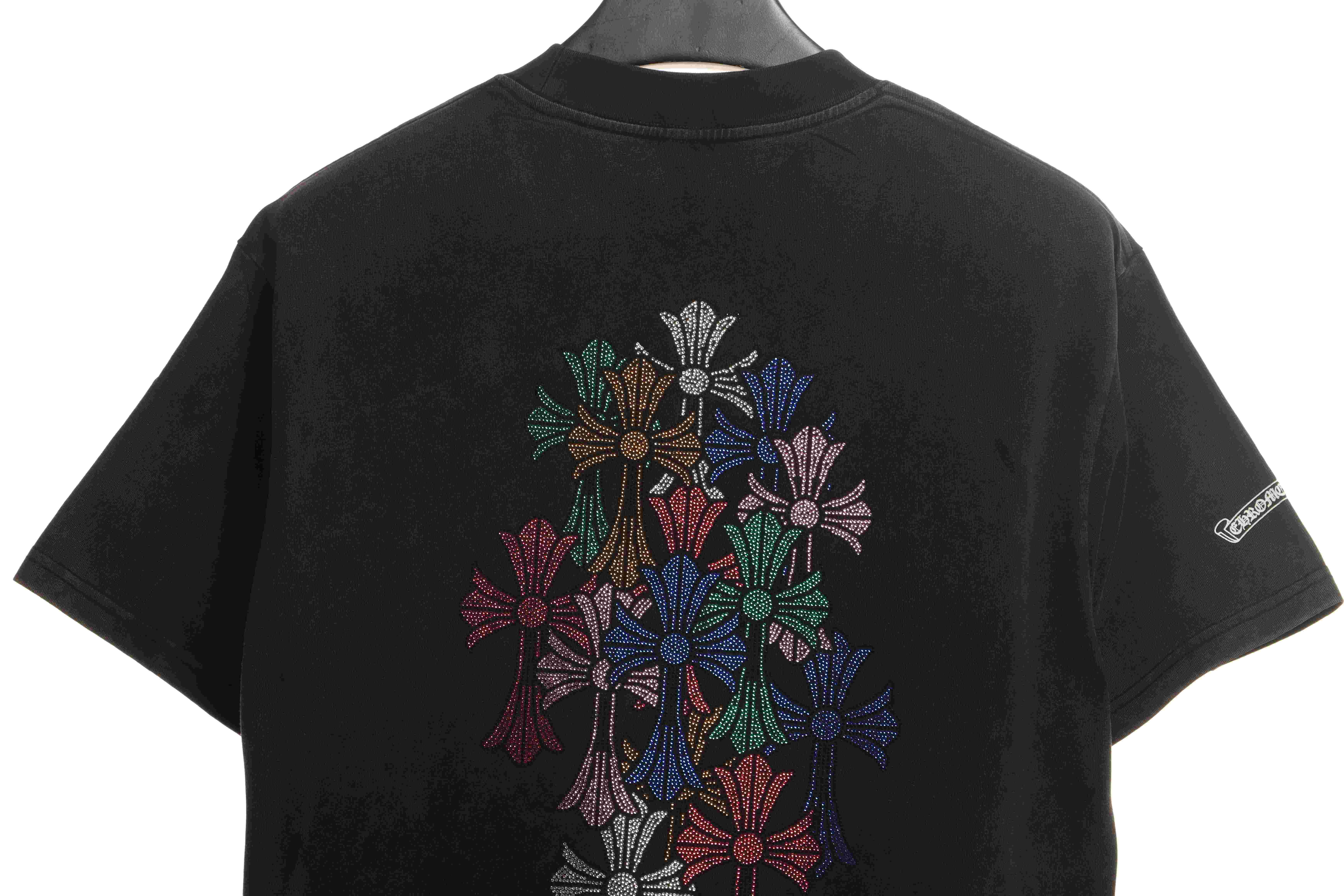 Chrome Hearts Colorful Cross Rhinestone Short Sleeve Black