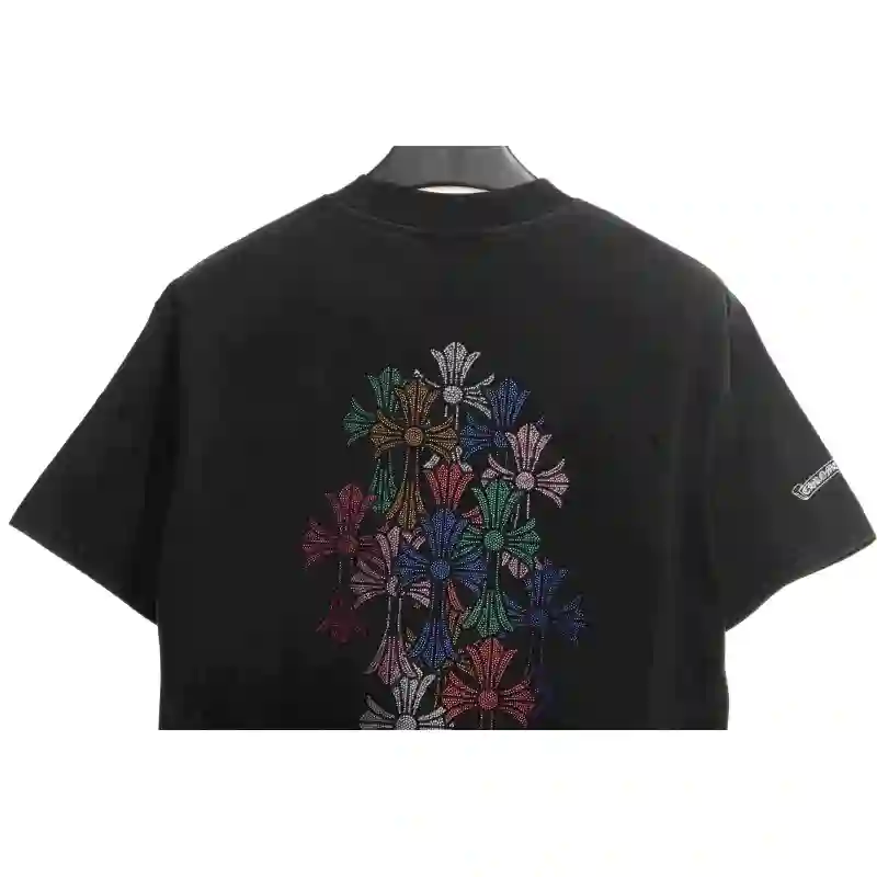 Chrome Hearts Colorful Cross Rhinestone Short Sleeve Black