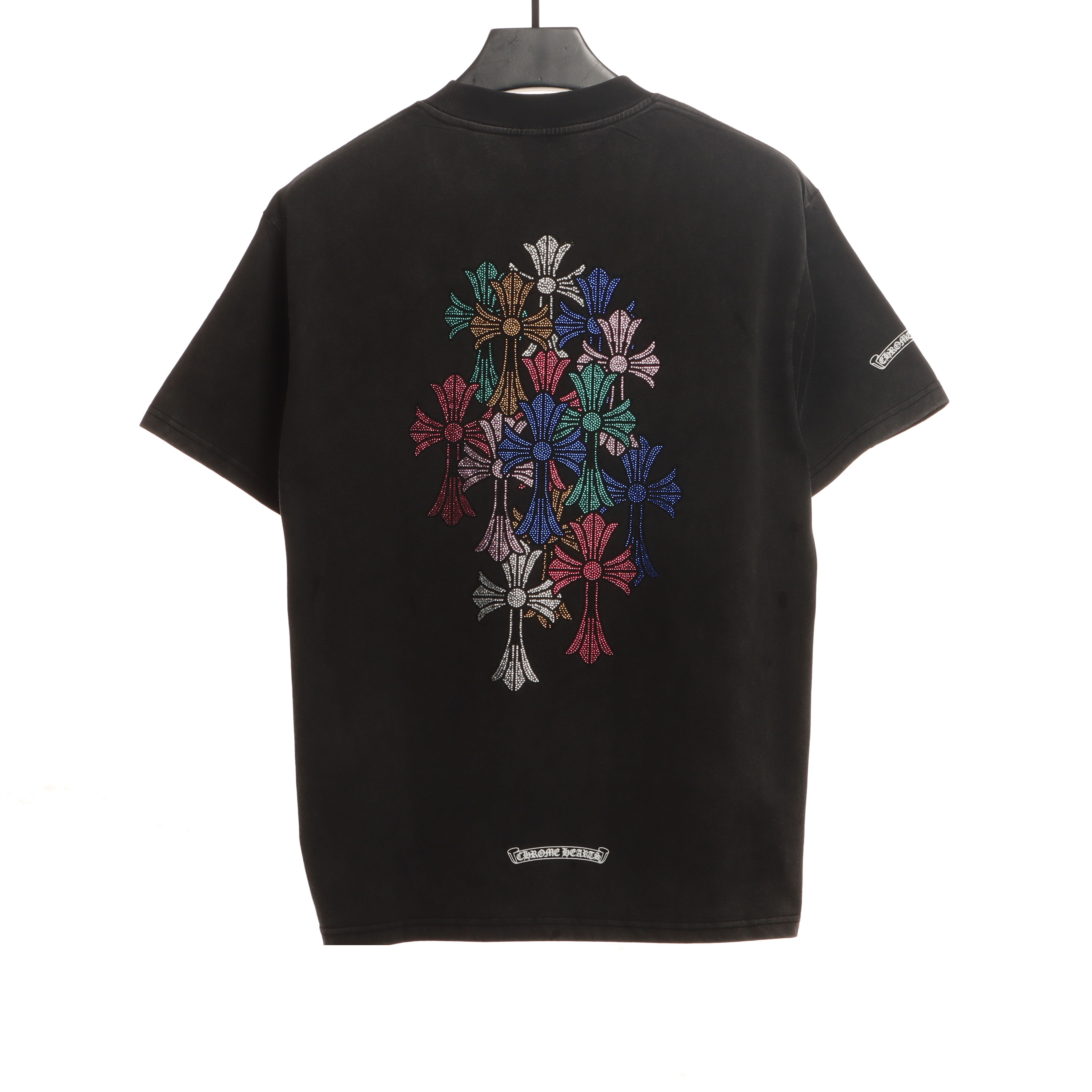Chrome Hearts Colorful Cross Rhinestone Short Sleeve Black