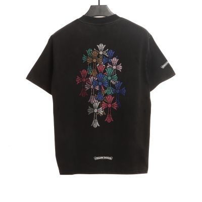 Chrome Hearts Colorful Cross Rhinestone Short Sleeve Black 01