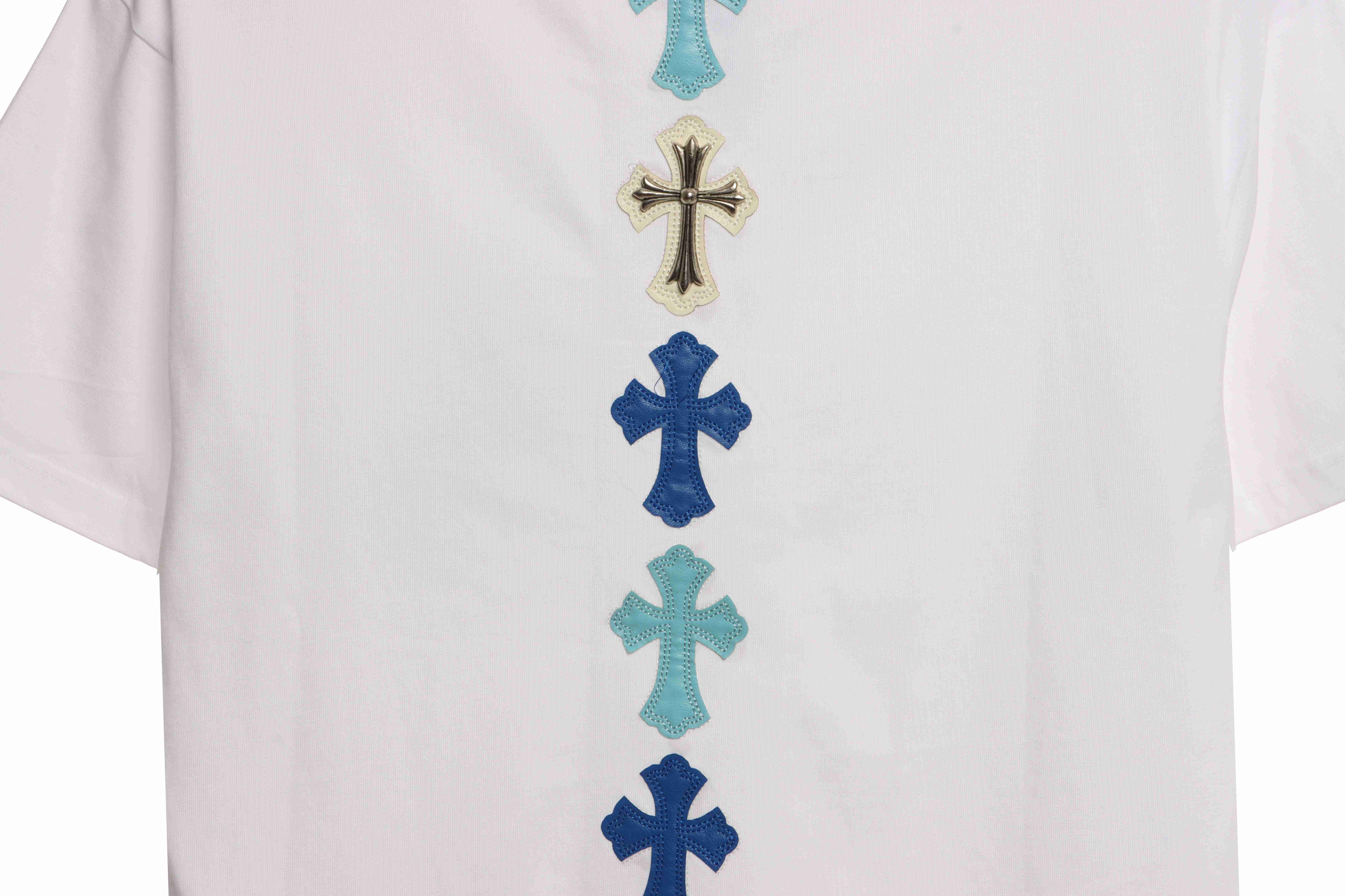 Chrome Hearts Cross Leather Silver Embroidered Sanskrit Short Sleeve White