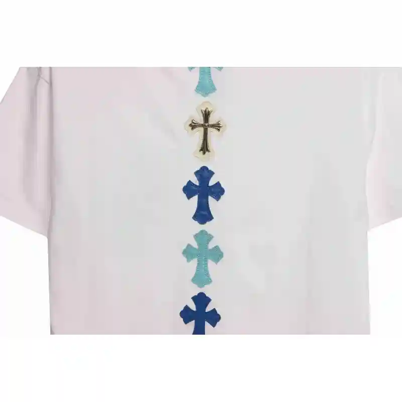 Chrome Hearts Cross Leather Silver Embroidered Sanskrit Short Sleeve White