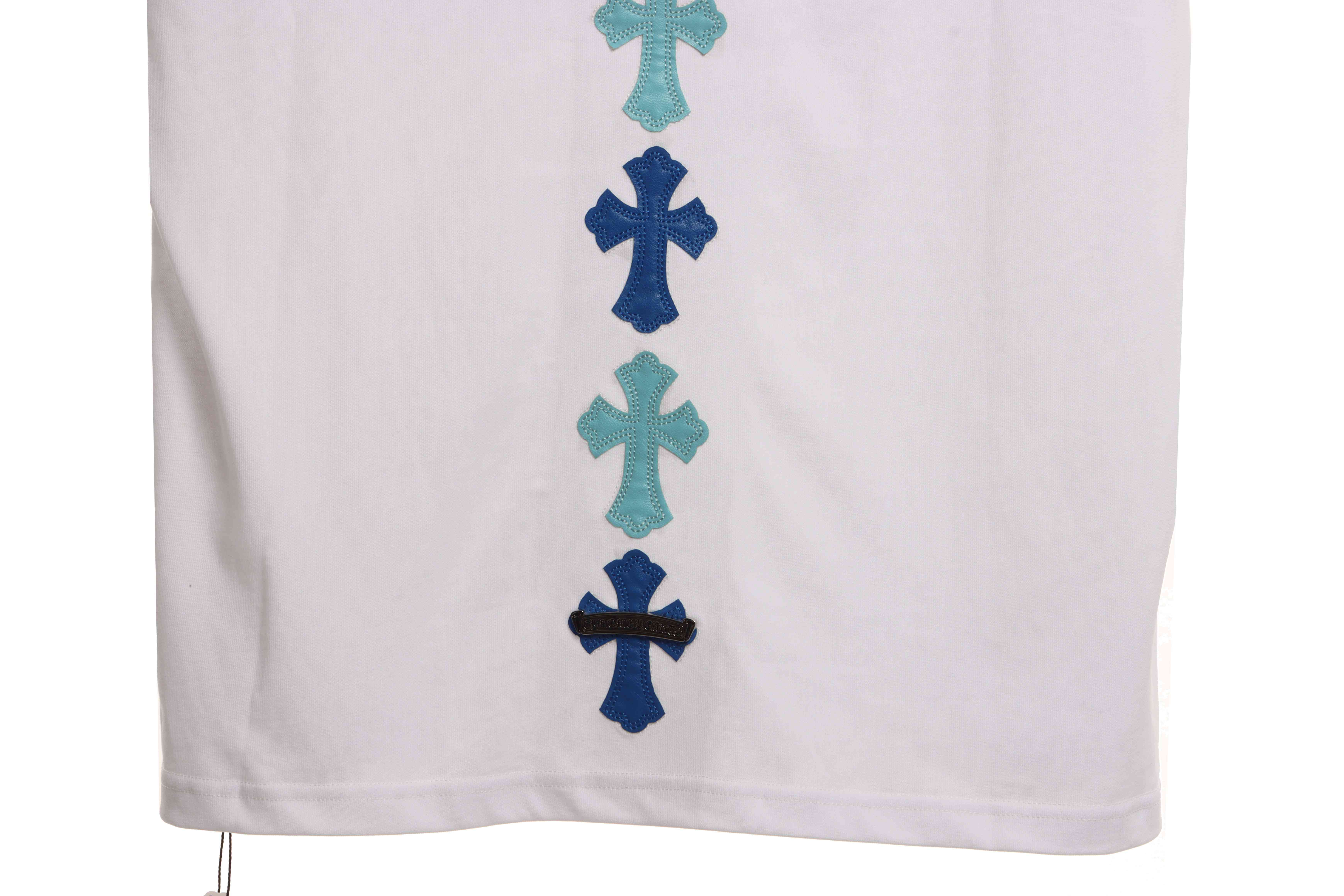 Chrome Hearts Cross Leather Silver Embroidered Sanskrit Short Sleeve White