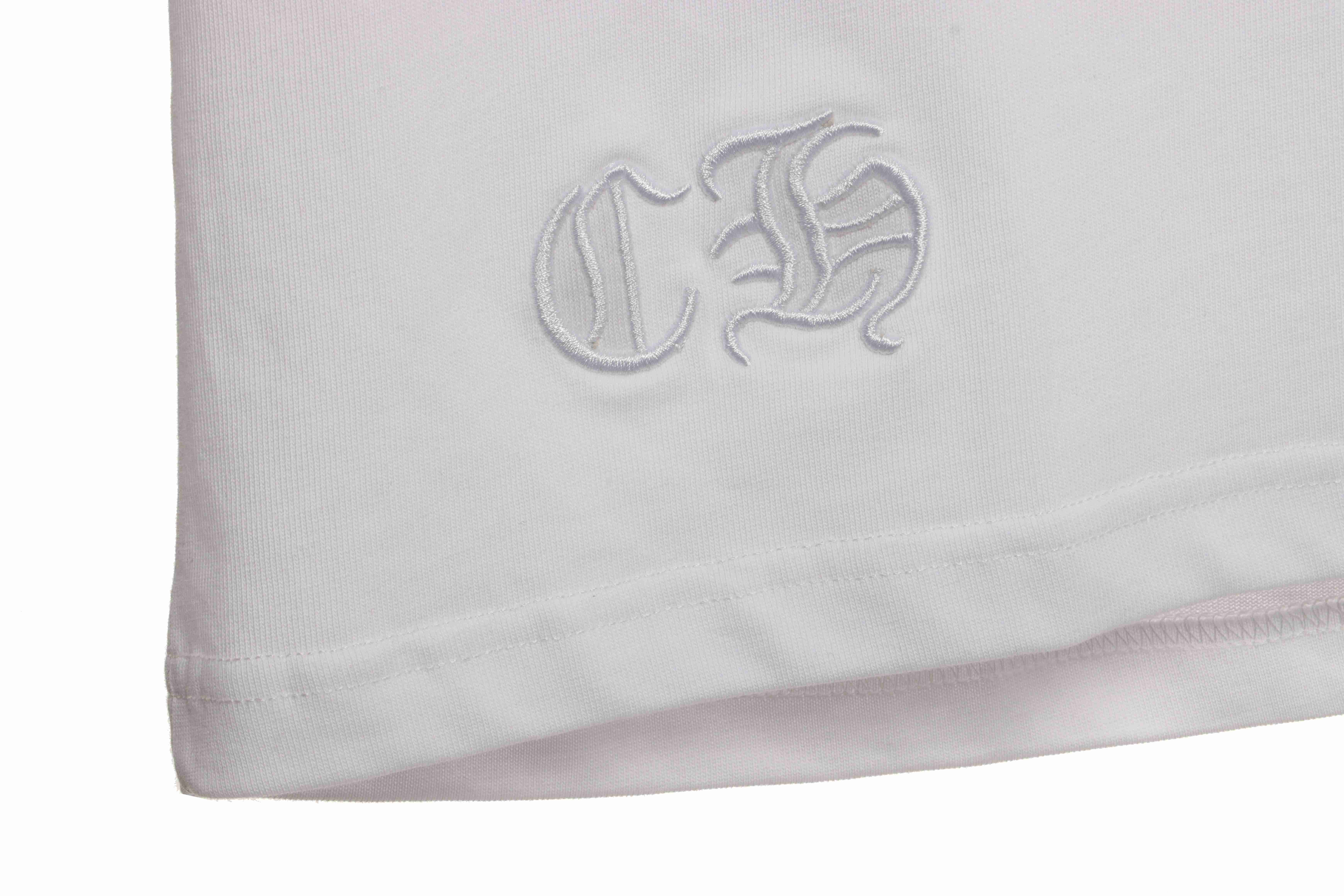 Chrome Hearts Cross Leather Silver Embroidered Sanskrit Short Sleeve White