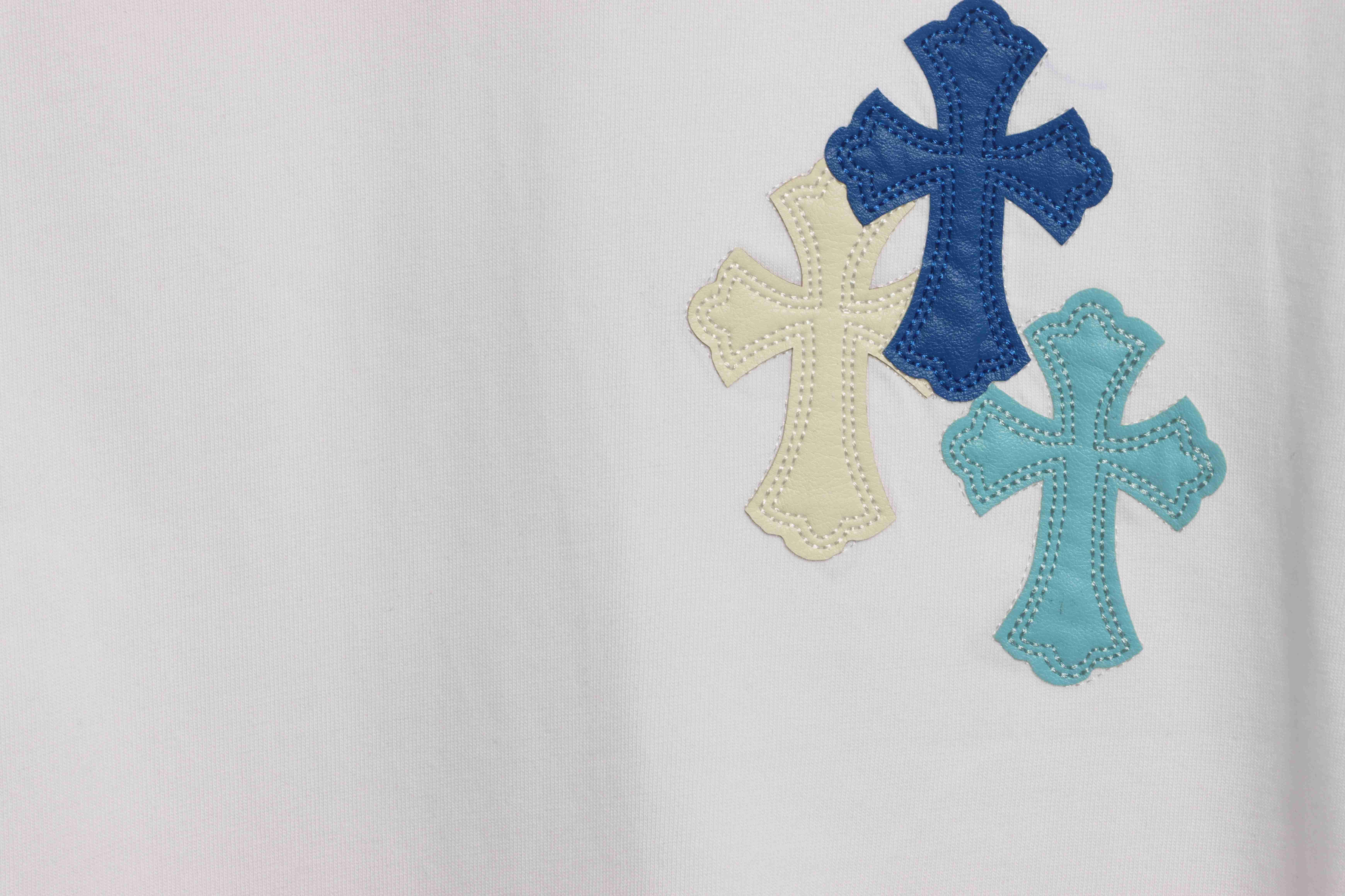 Chrome Hearts Cross Leather Silver Embroidered Sanskrit Short Sleeve White