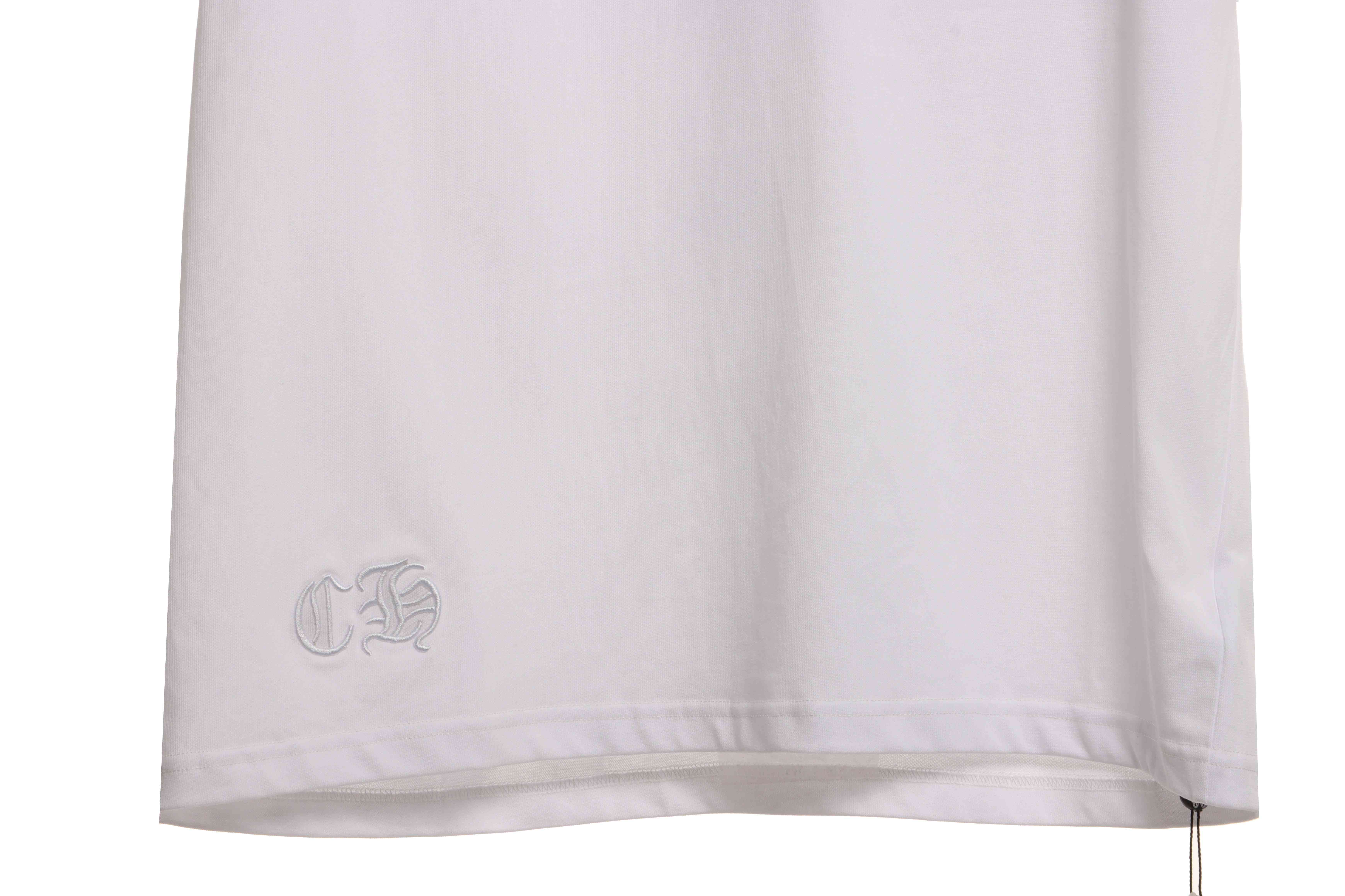 Chrome Hearts Cross Leather Silver Embroidered Sanskrit Short Sleeve White