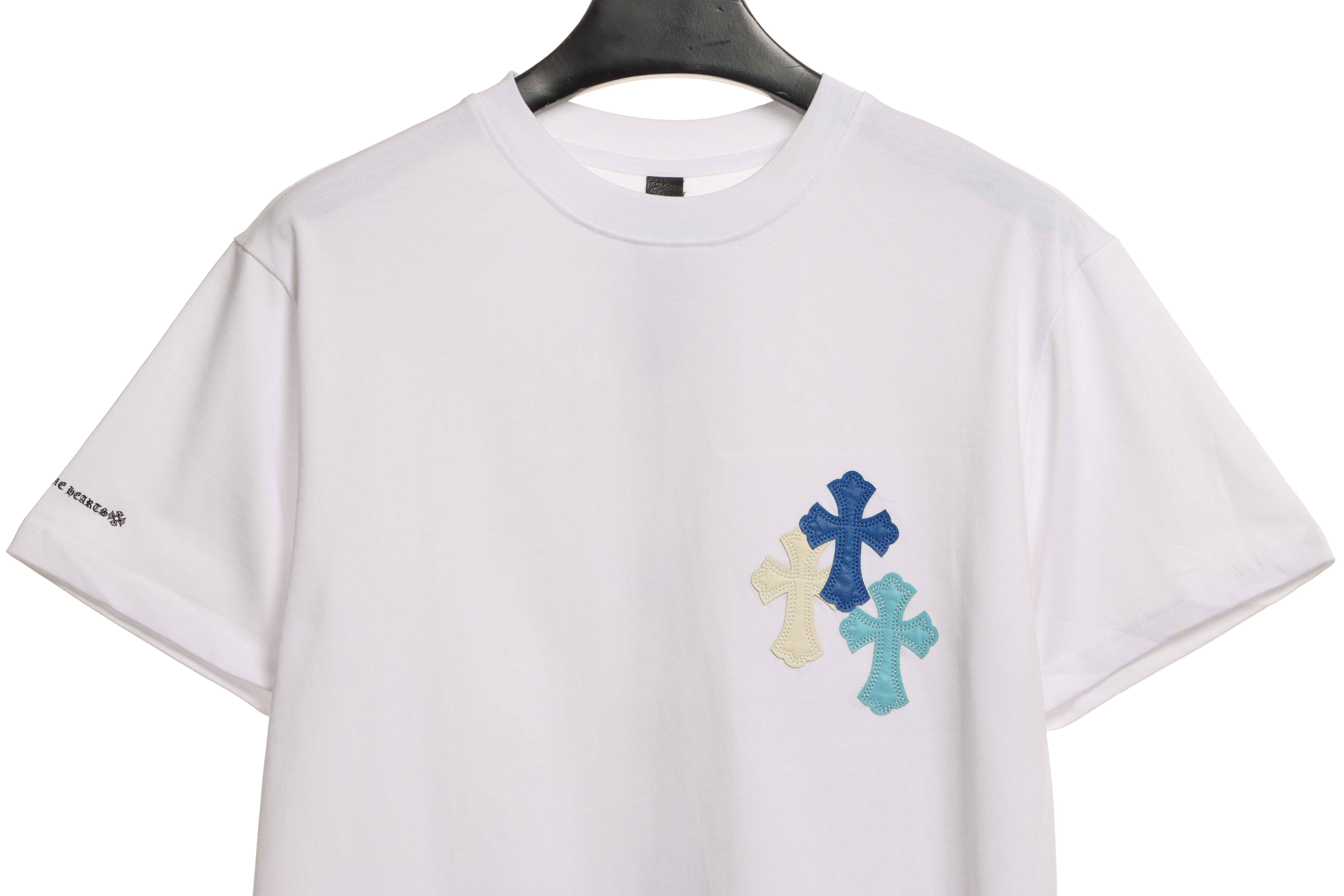 Chrome Hearts Cross Leather Silver Embroidered Sanskrit Short Sleeve White