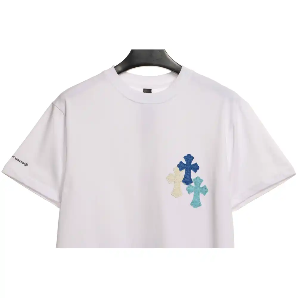 Chrome Hearts Cross Leather Silver Embroidered Sanskrit Short Sleeve White