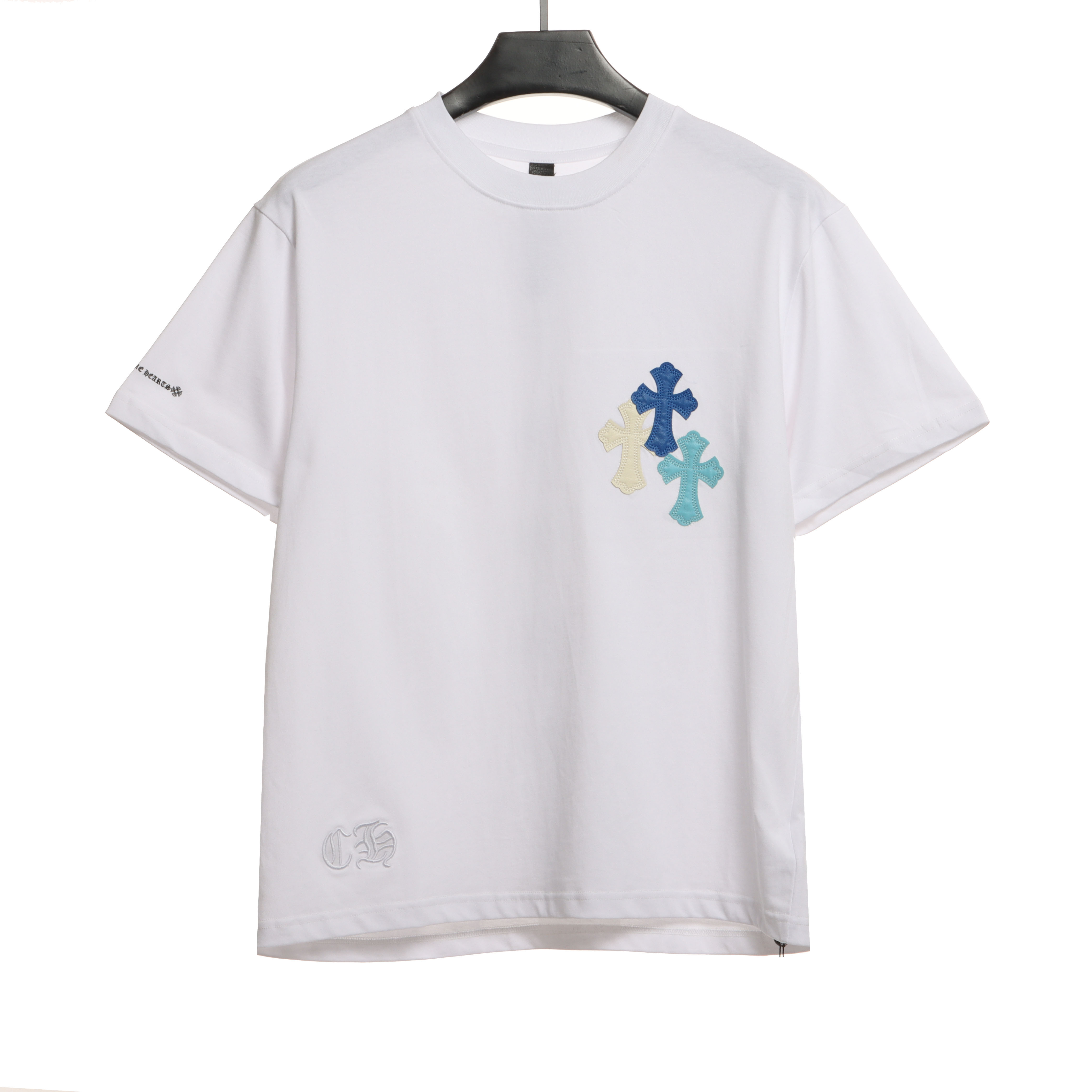 Chrome Hearts Cross Leather Silver Embroidered Sanskrit Short Sleeve White