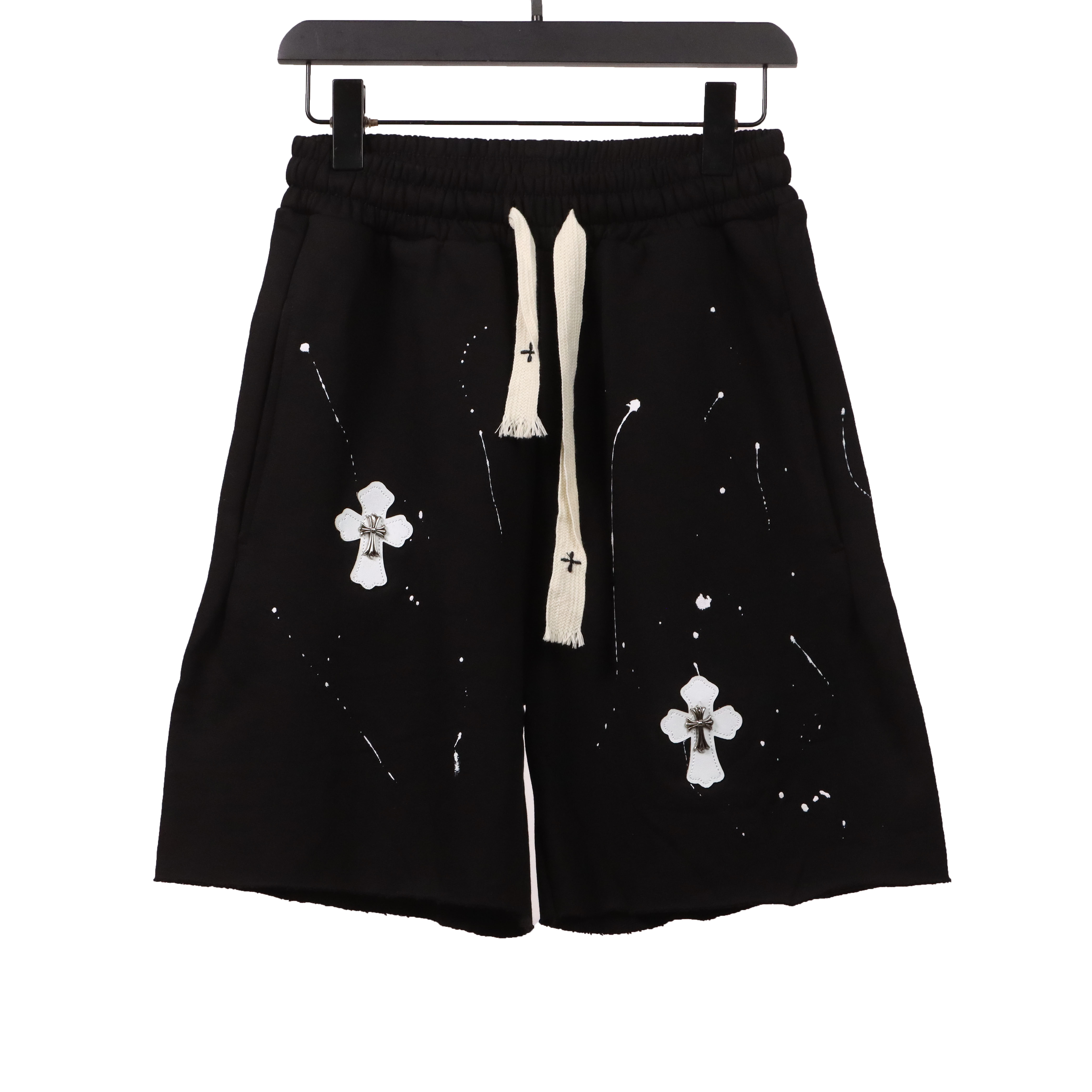 Chrome Hearts ink-splashed leather shorts with silver trim, black