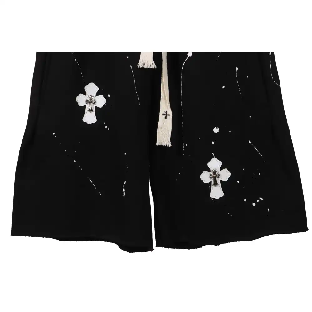 Chrome Hearts ink-splashed leather shorts with silver trim, black