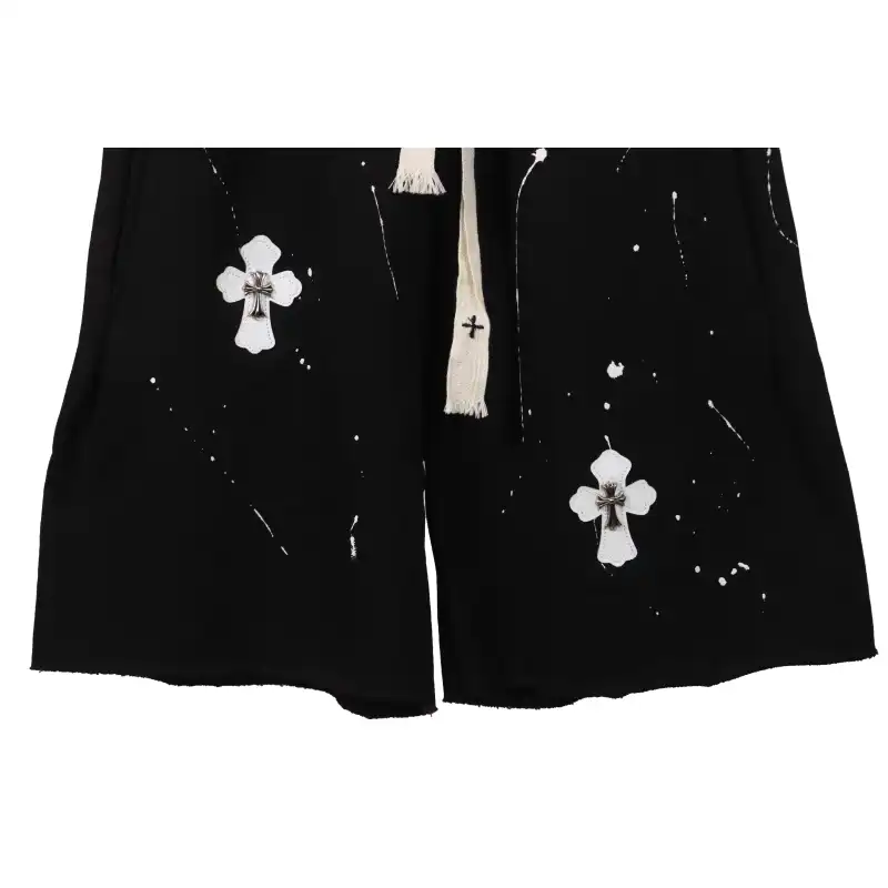 Chrome Hearts ink-splashed leather shorts with silver trim, black