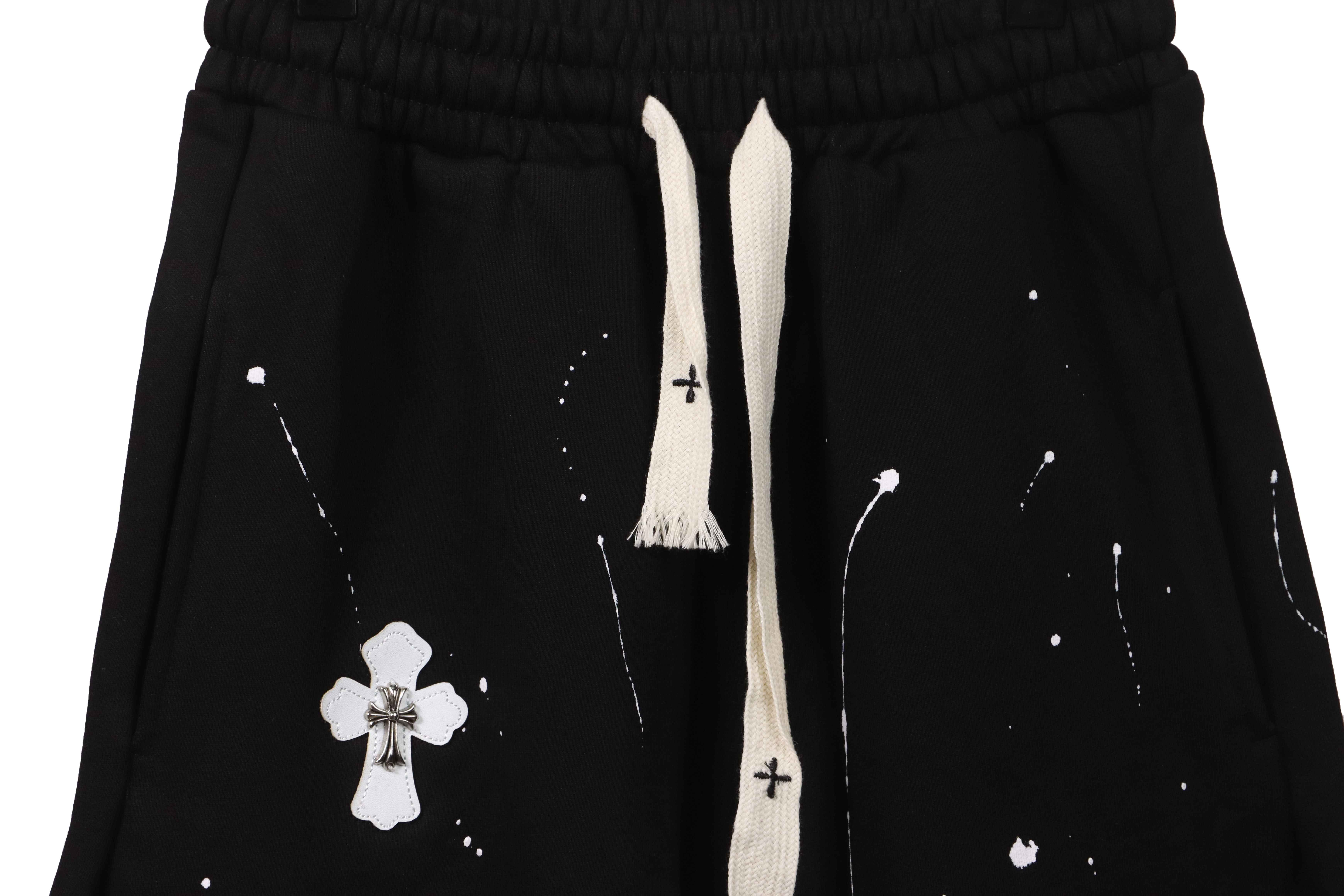 Chrome Hearts ink-splashed leather shorts with silver trim, black