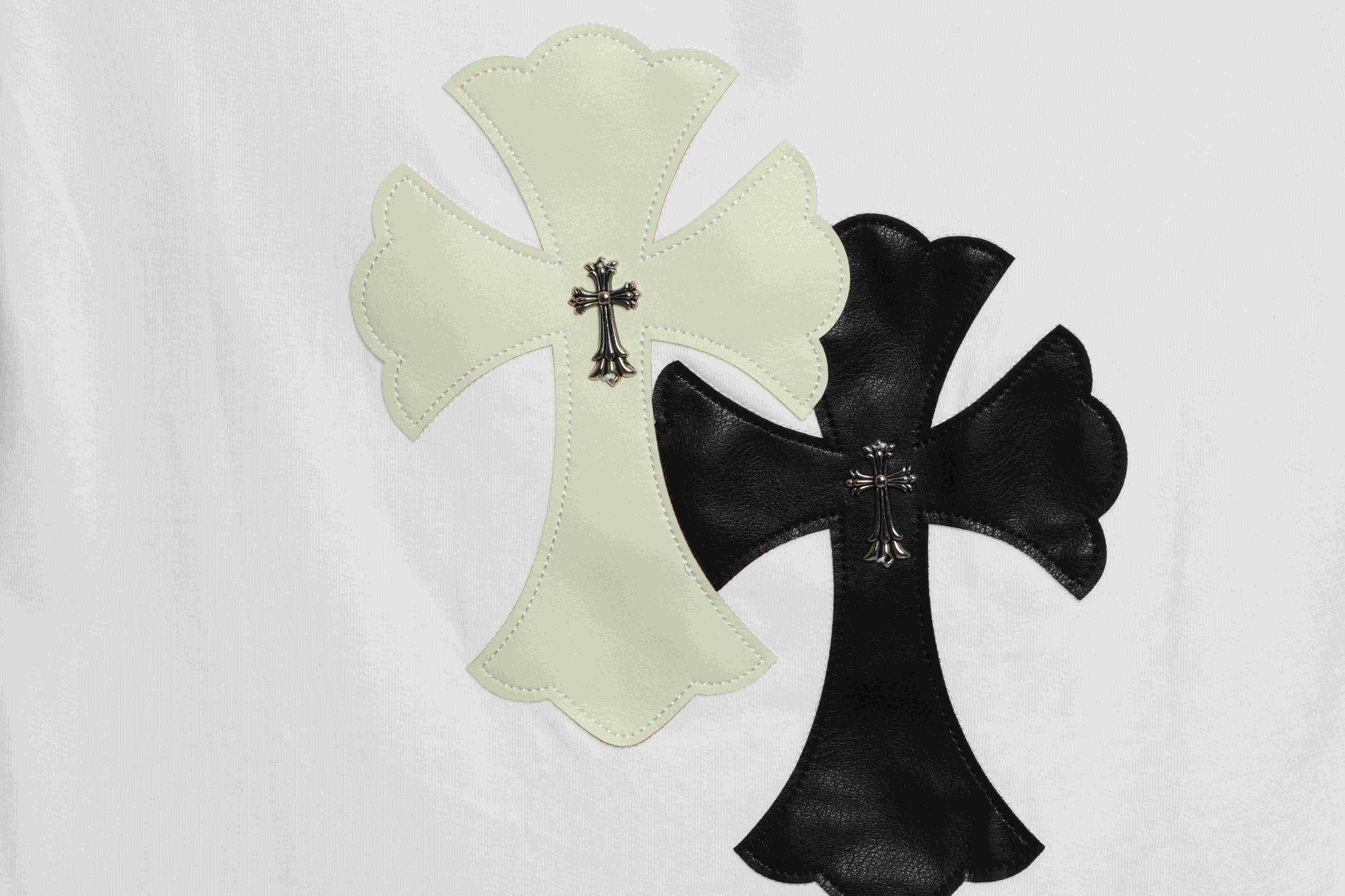 Chrome Hearts White and Black with Leather Small Iron Logo Short Sleeve White