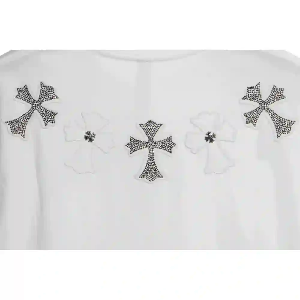 Chrome Heart Neckline Cross Rhinestone Short Sleeves White