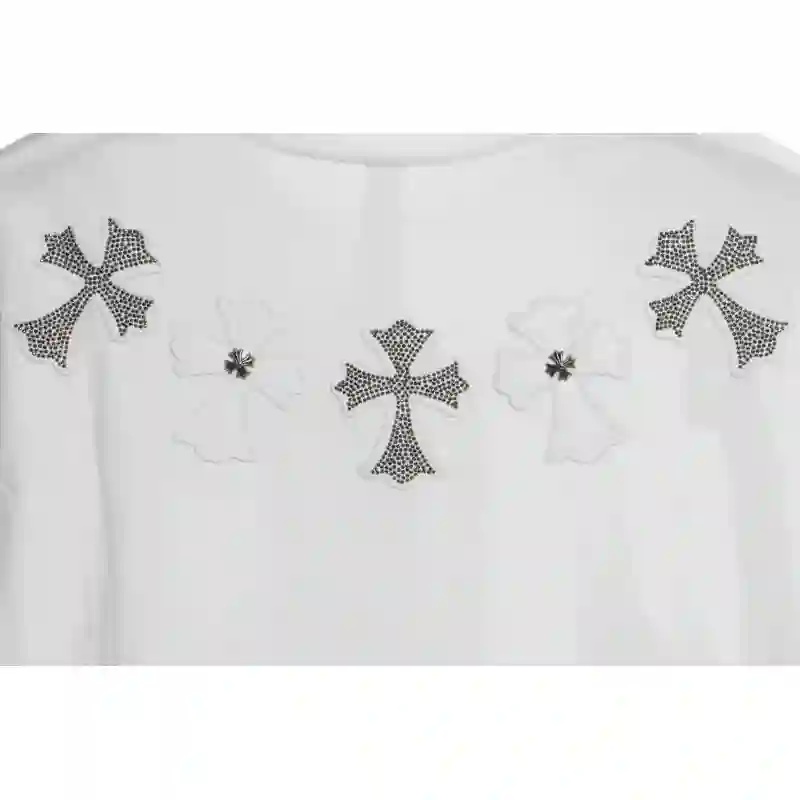 Chrome Heart Neckline Cross Rhinestone Short Sleeves White