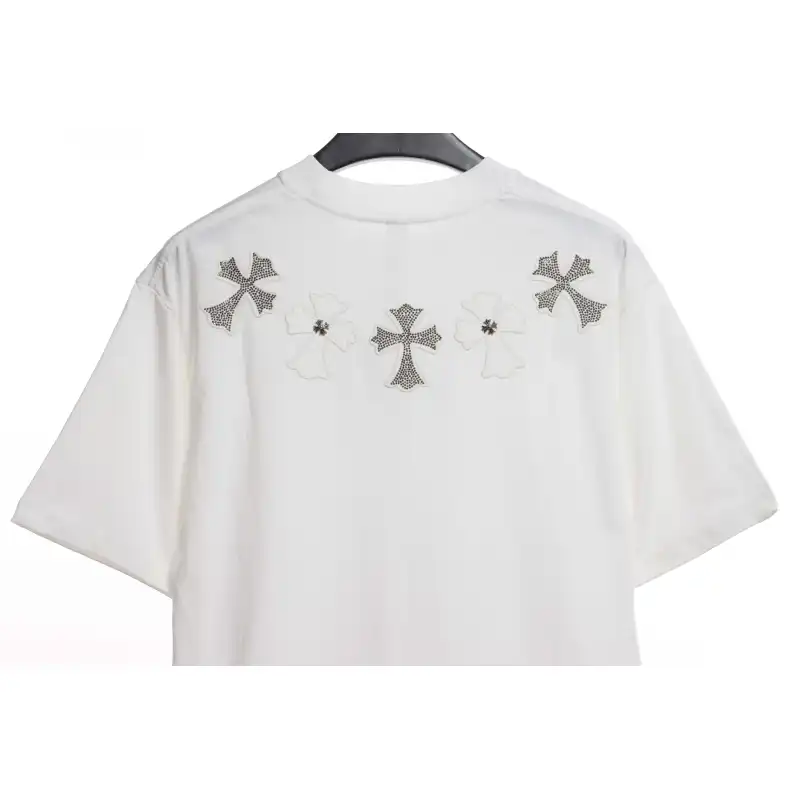 Chrome Heart Neckline Cross Rhinestone Short Sleeves White