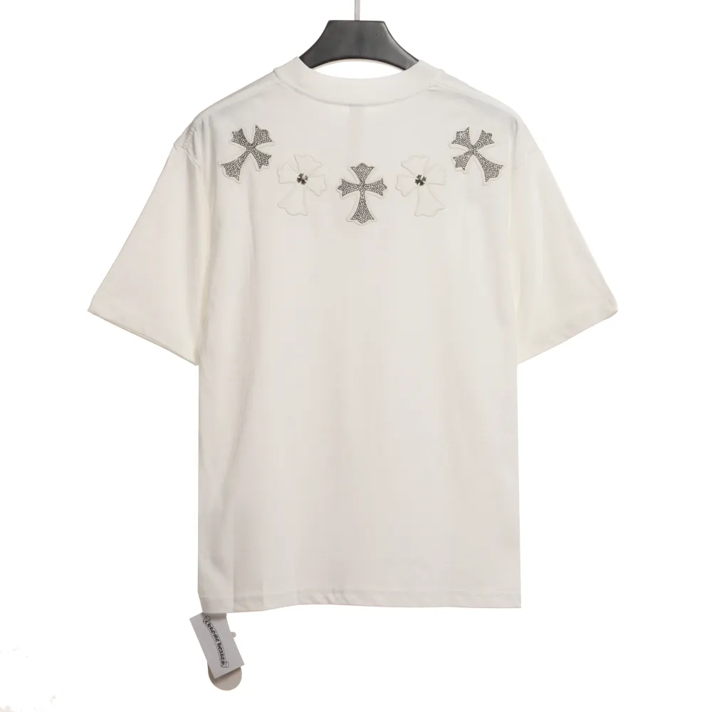 Chrome Heart Neckline Cross Rhinestone Short Sleeves White