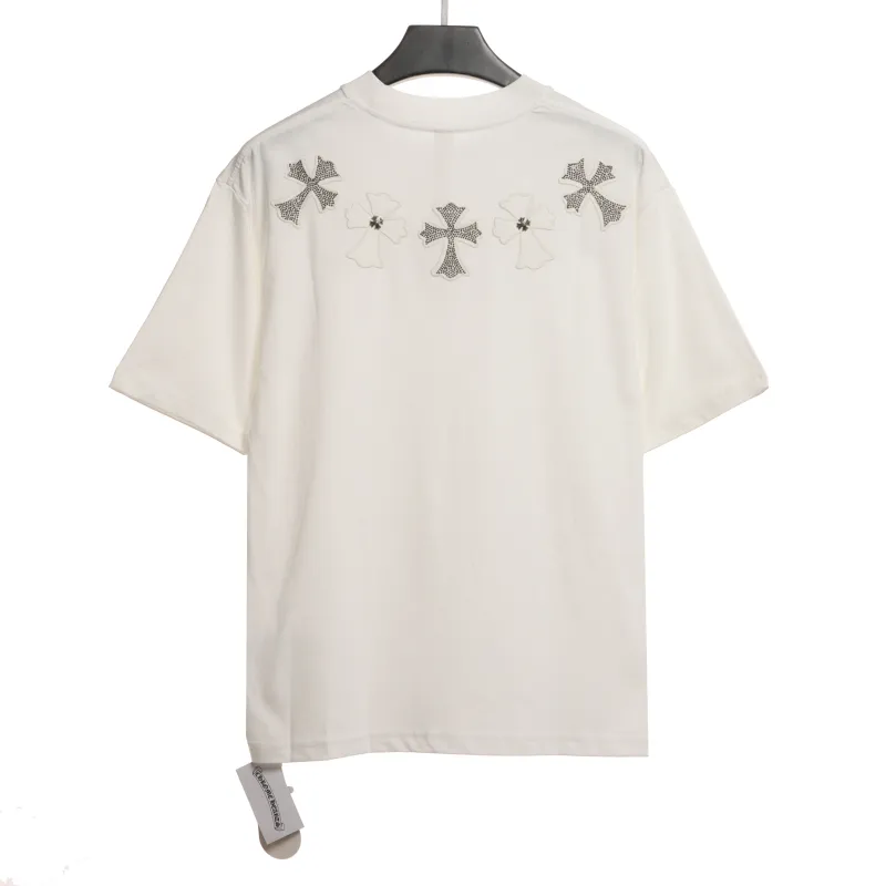 Chrome Heart Neckline Cross Rhinestone Short Sleeves White