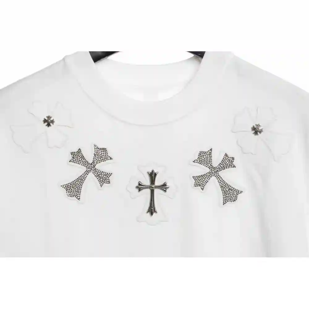 Chrome Heart Neckline Cross Rhinestone Short Sleeves White
