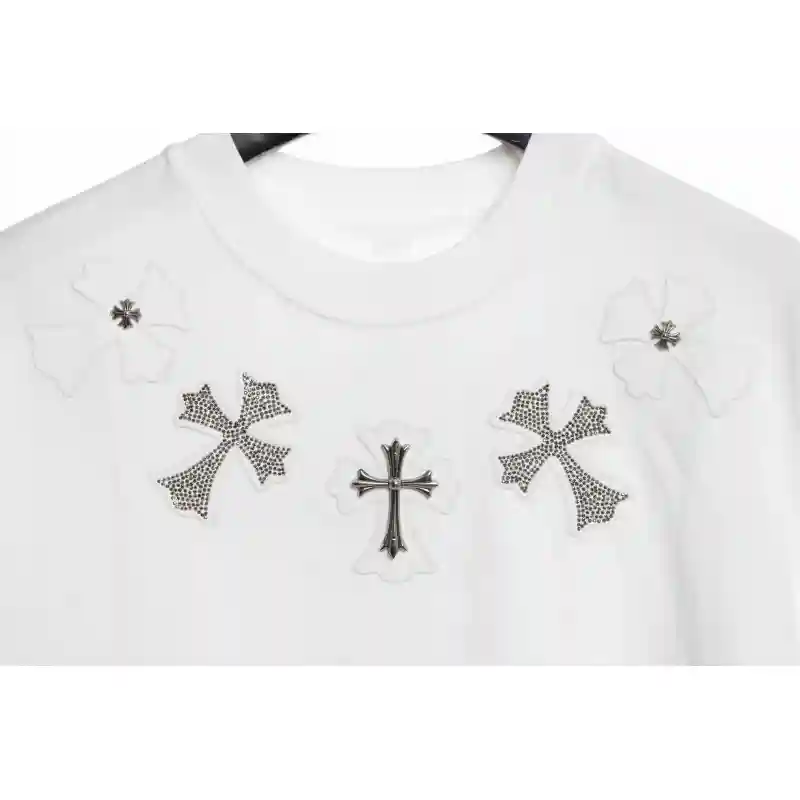 Chrome Heart Neckline Cross Rhinestone Short Sleeves White