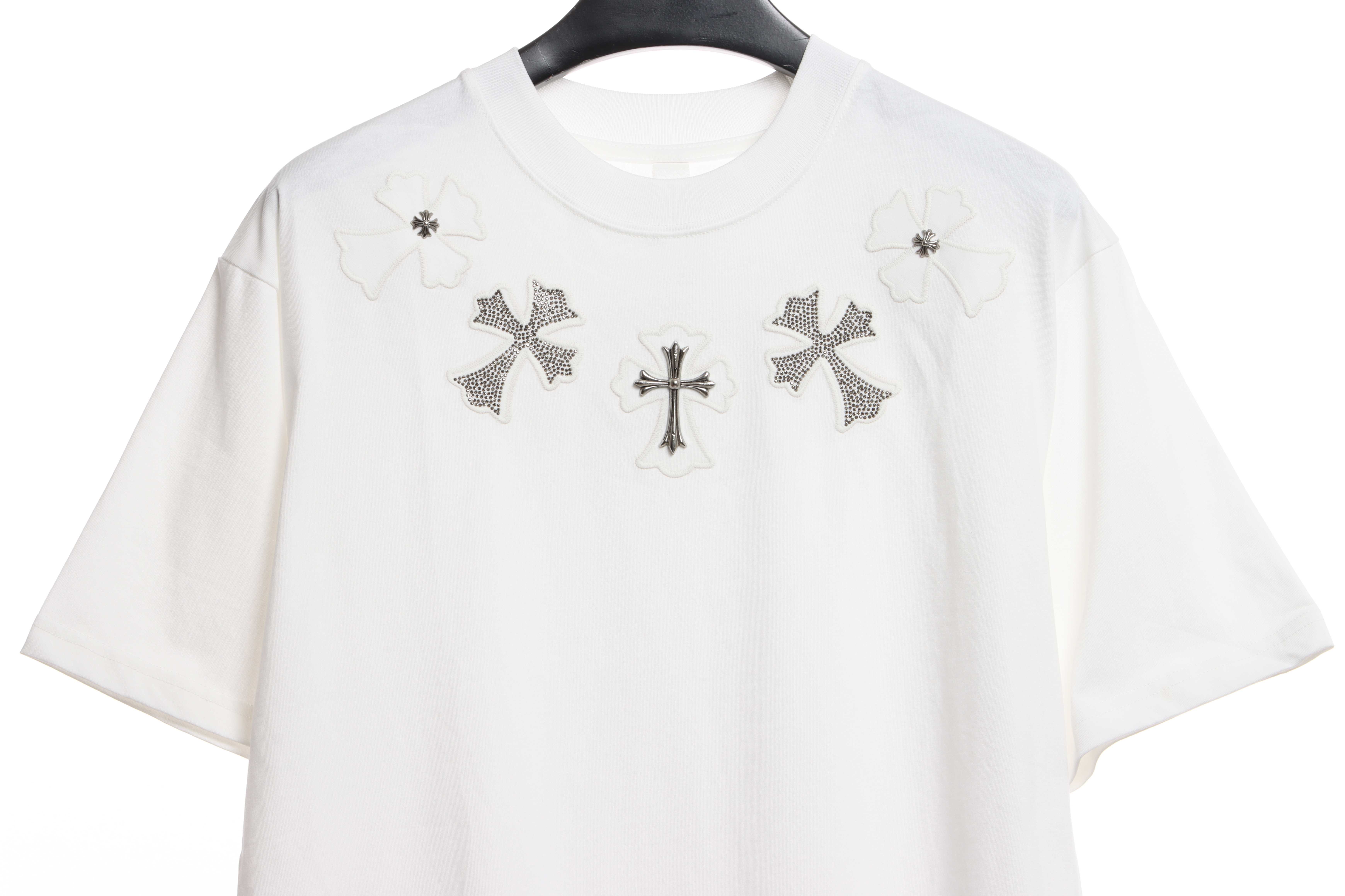 Chrome Heart Neckline Cross Rhinestone Short Sleeves White