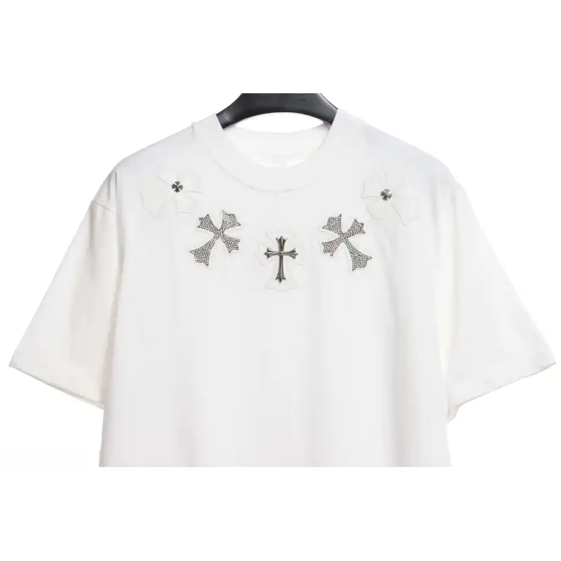 Chrome Heart Neckline Cross Rhinestone Short Sleeves White