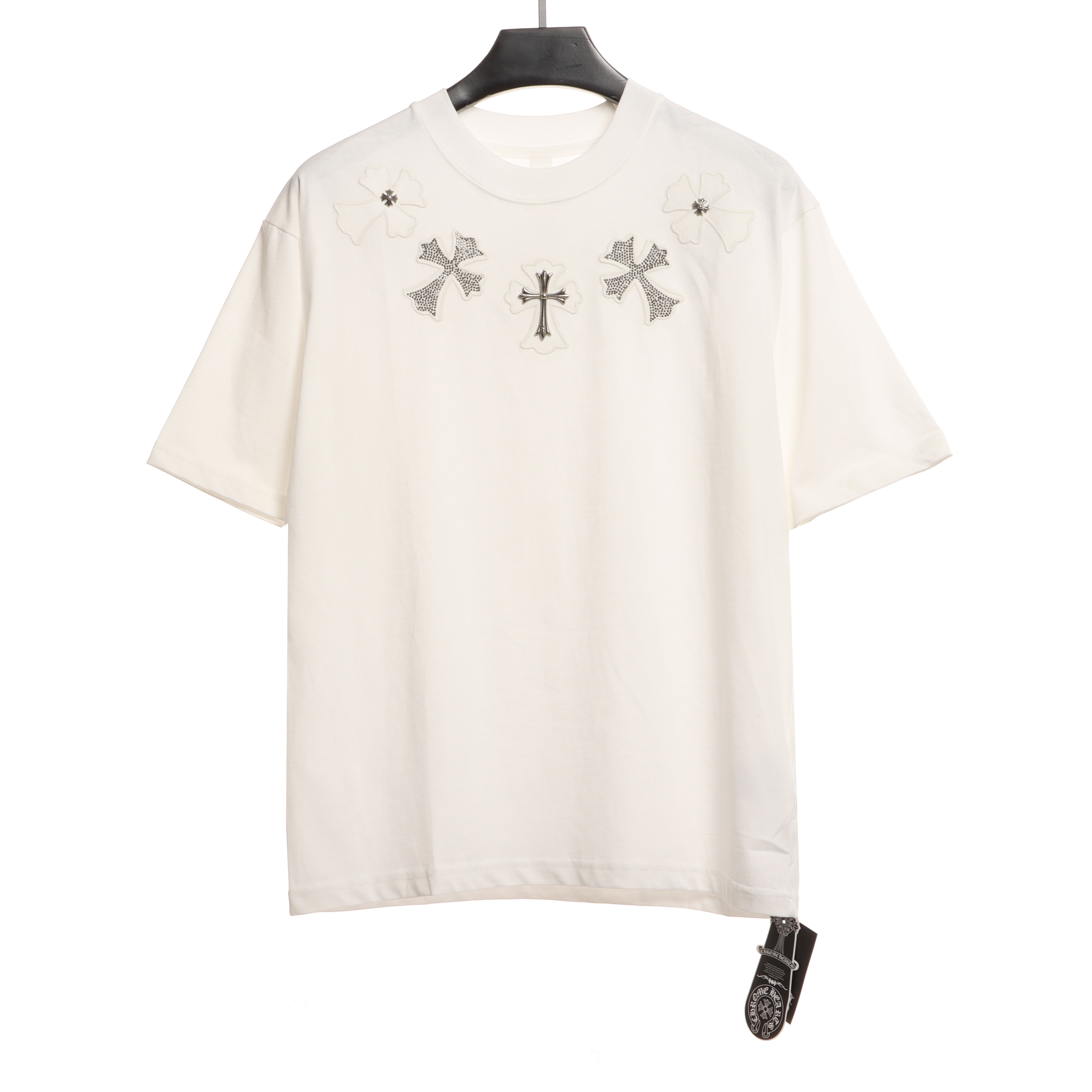 Chrome Heart Neckline Cross Rhinestone Short Sleeves White