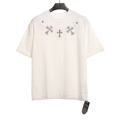 Chrome Heart Neckline Cross Rhinestone Short Sleeves White 01