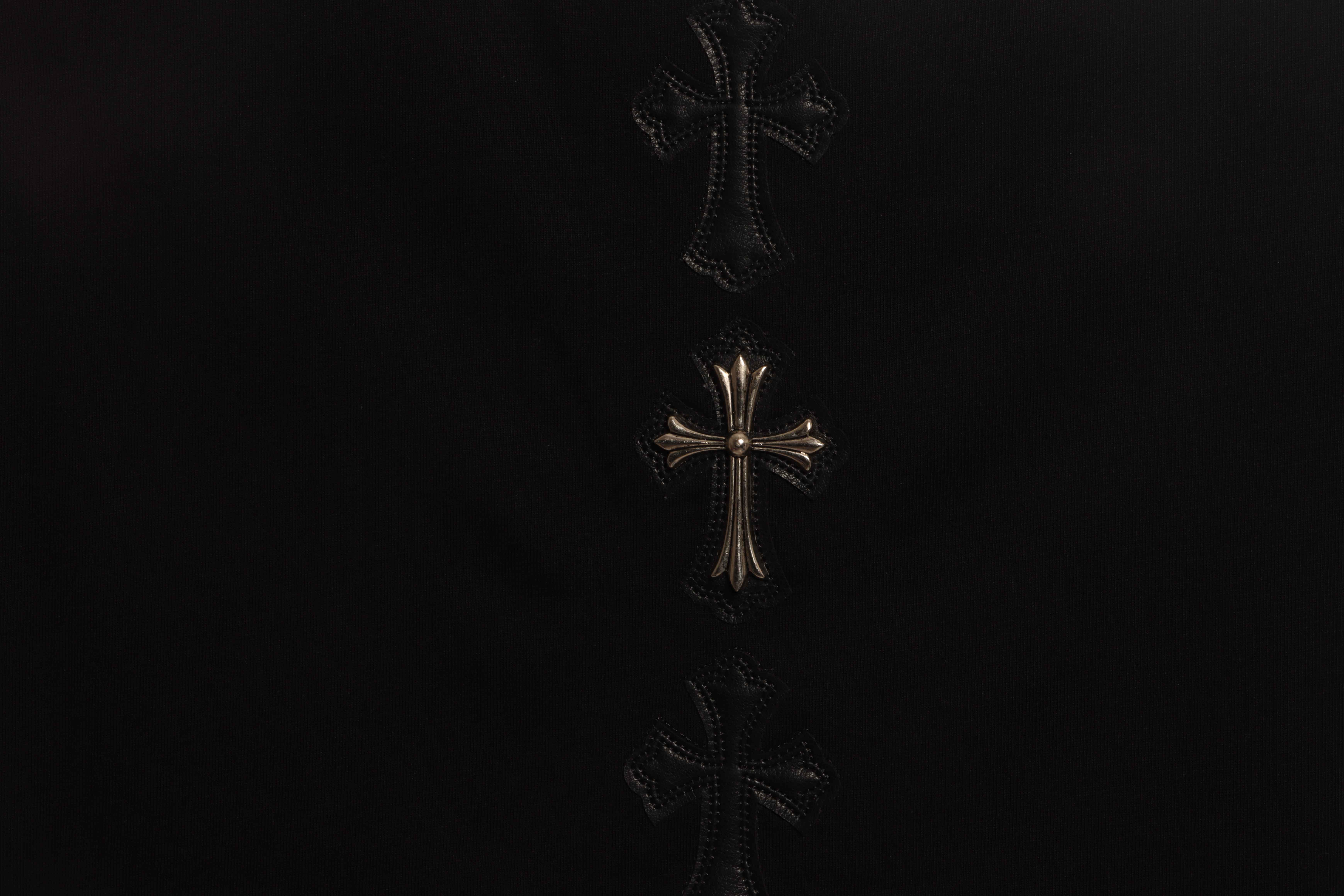 Chrome Hearts Cross Leather Silver Embroidered Sanskrit Short Sleeve Black