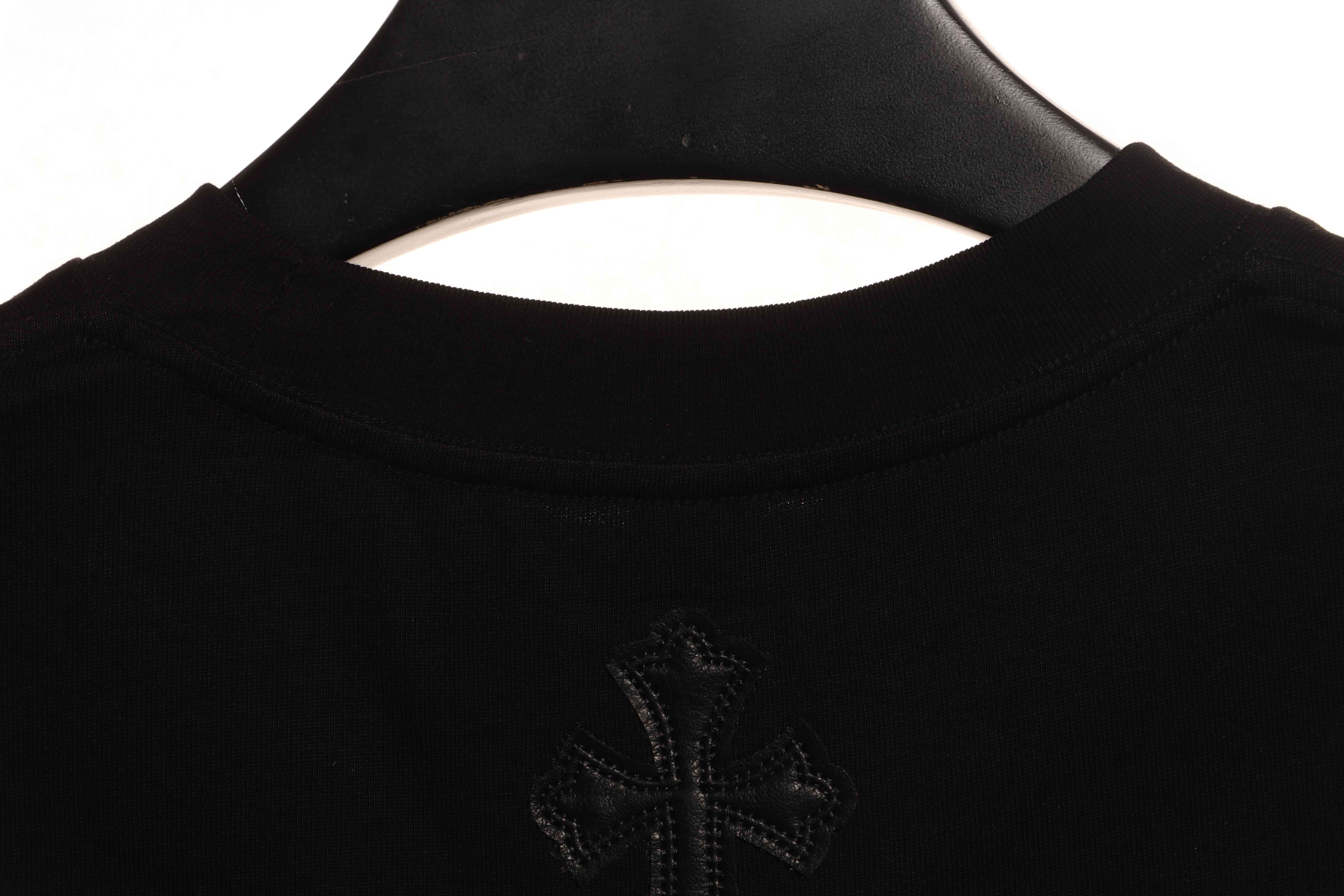 Chrome Hearts Cross Leather Silver Embroidered Sanskrit Short Sleeve Black