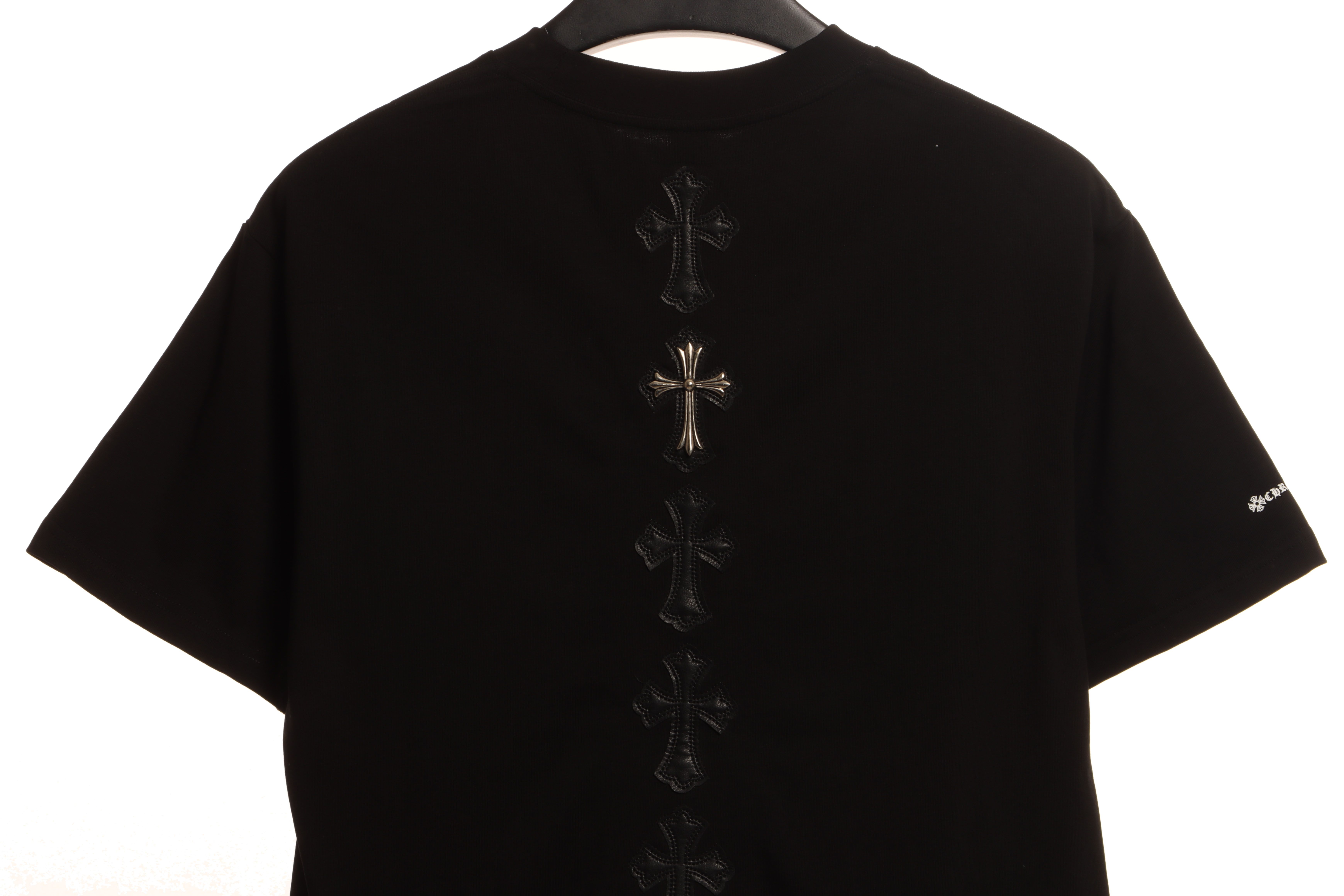 Chrome Hearts Cross Leather Silver Embroidered Sanskrit Short Sleeve Black